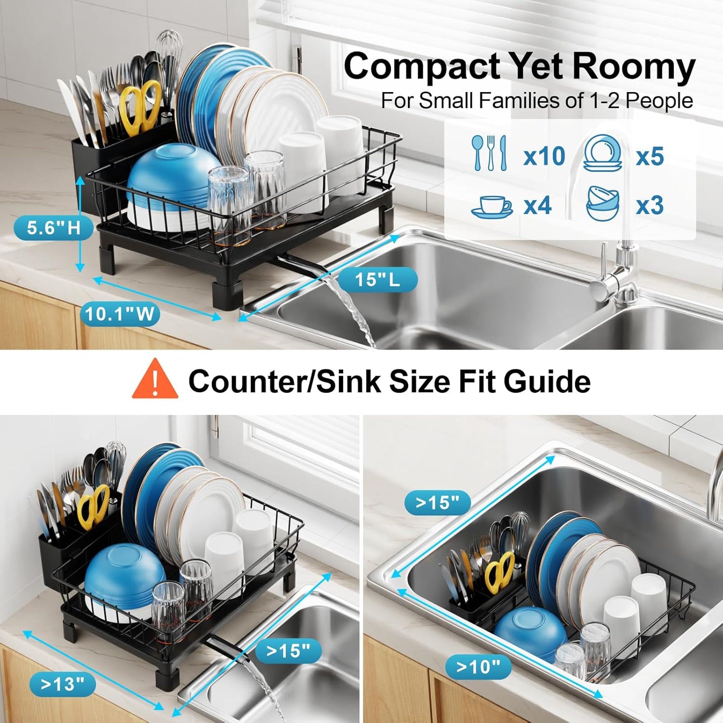 Small Dish Drying Rack for Kitchen Counter with Drainboard - Compact Dish Drainer for RV