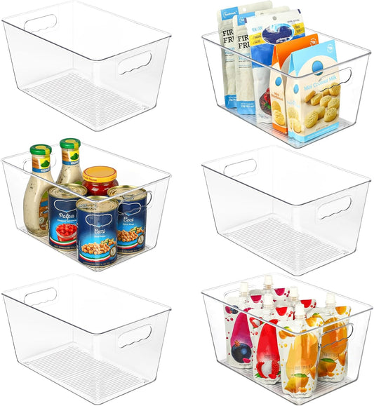 Clear Plastic Storage Bins, 6 PCS Pantry Organizer Bins with Handle for Refrigerator, Fridge
