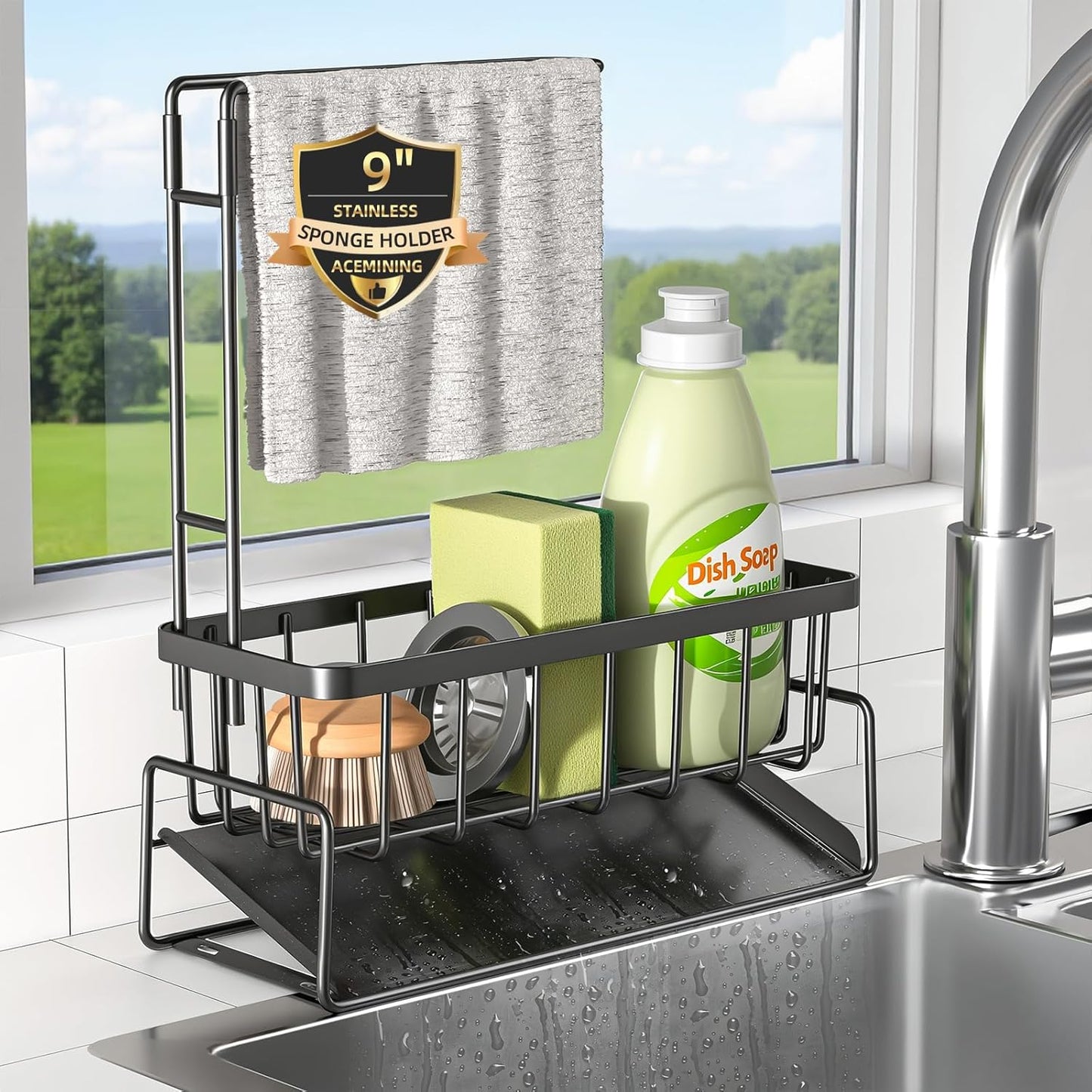 Sponge Holder for Kitchen Sink, Kitchen Sink Organizer with Towel Rack