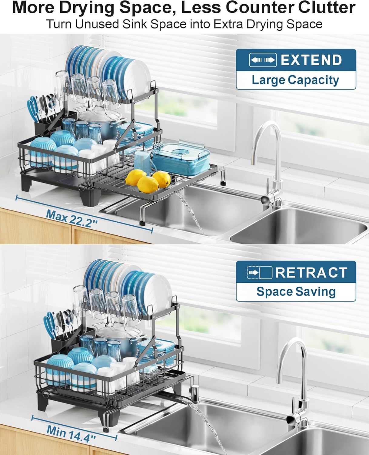Large 2 Tier Dish Drying Rack, Expandable Heavy-Duty Dish Rack for Kitchen Counter