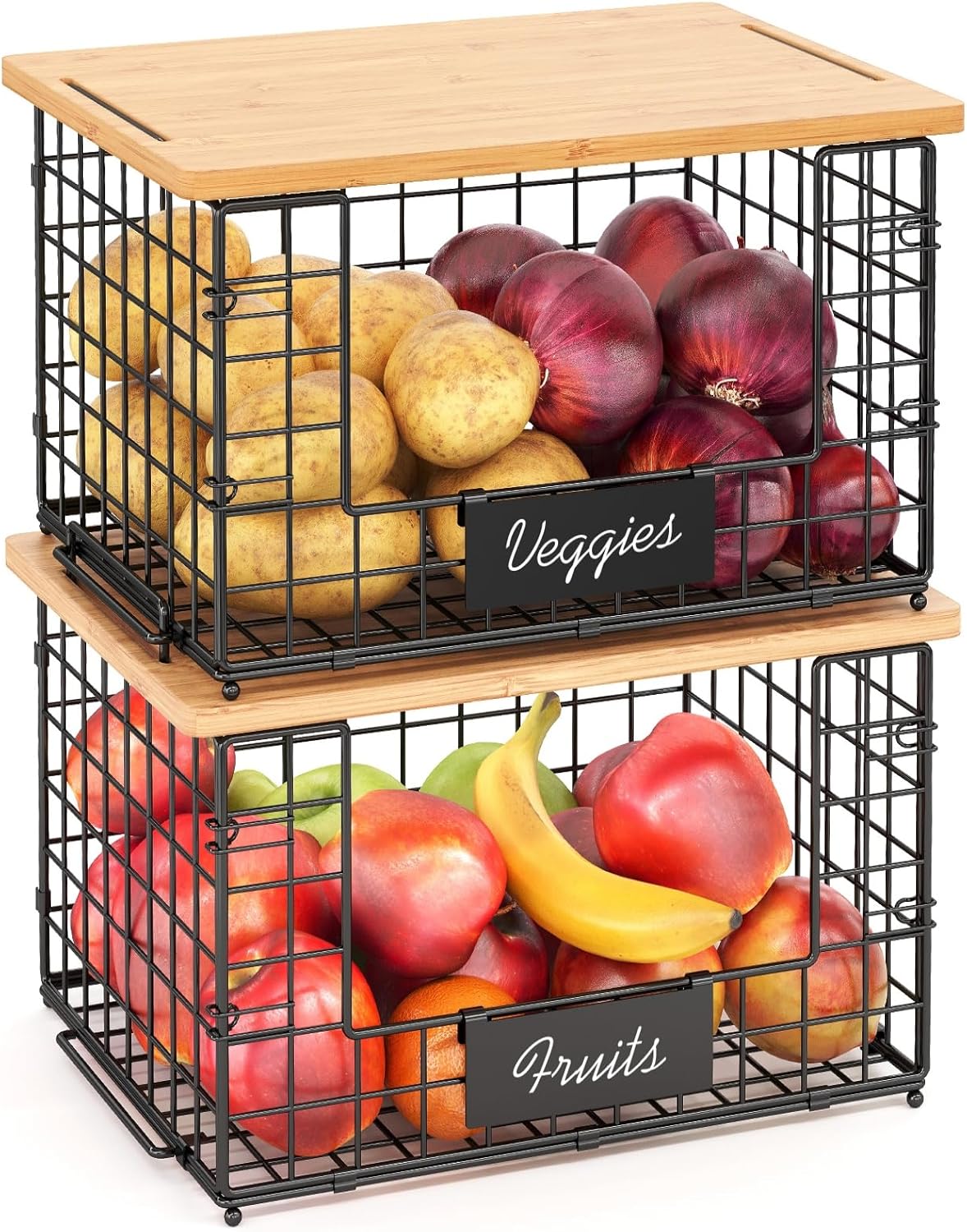 2 Pack Stackable Wire Baskets with Bamboo Top for Pantry Organizers and Storage