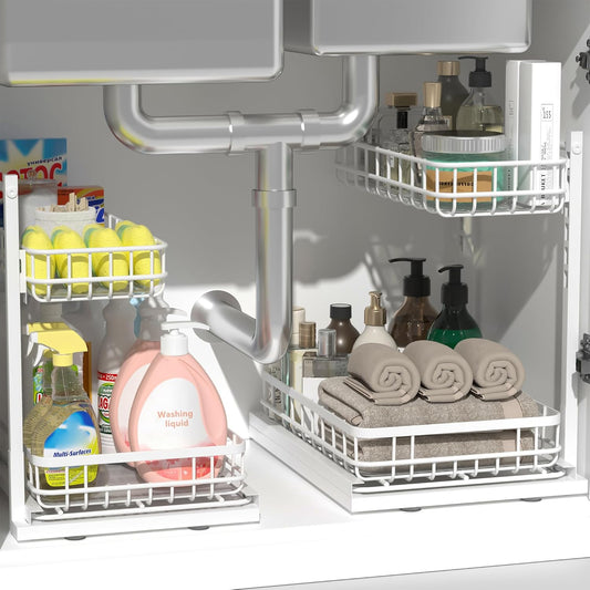 Under Sink Organizer, Adjustable Height Pull-Out Kitchen Storage Organization,15.8" x 11.8" x 16.5", 2-Tier Kitchen Shelf, Bathroom Drawer Organizer, 2 Pack|White