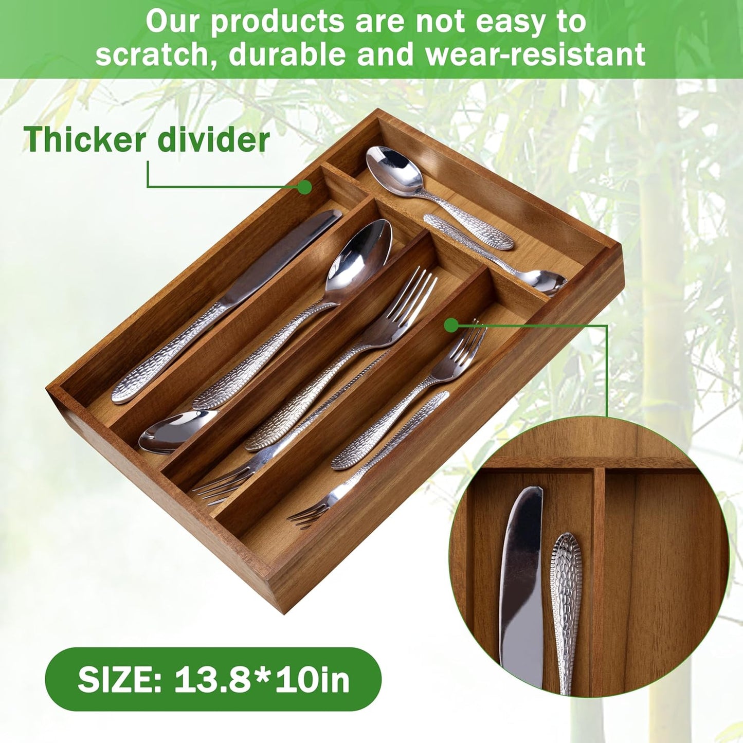 Acacia Wood Silverware Organizer 10 In Utensil Organizer Silverware Tray for Drawer Cutlery Flatware Organizer for Kitchen