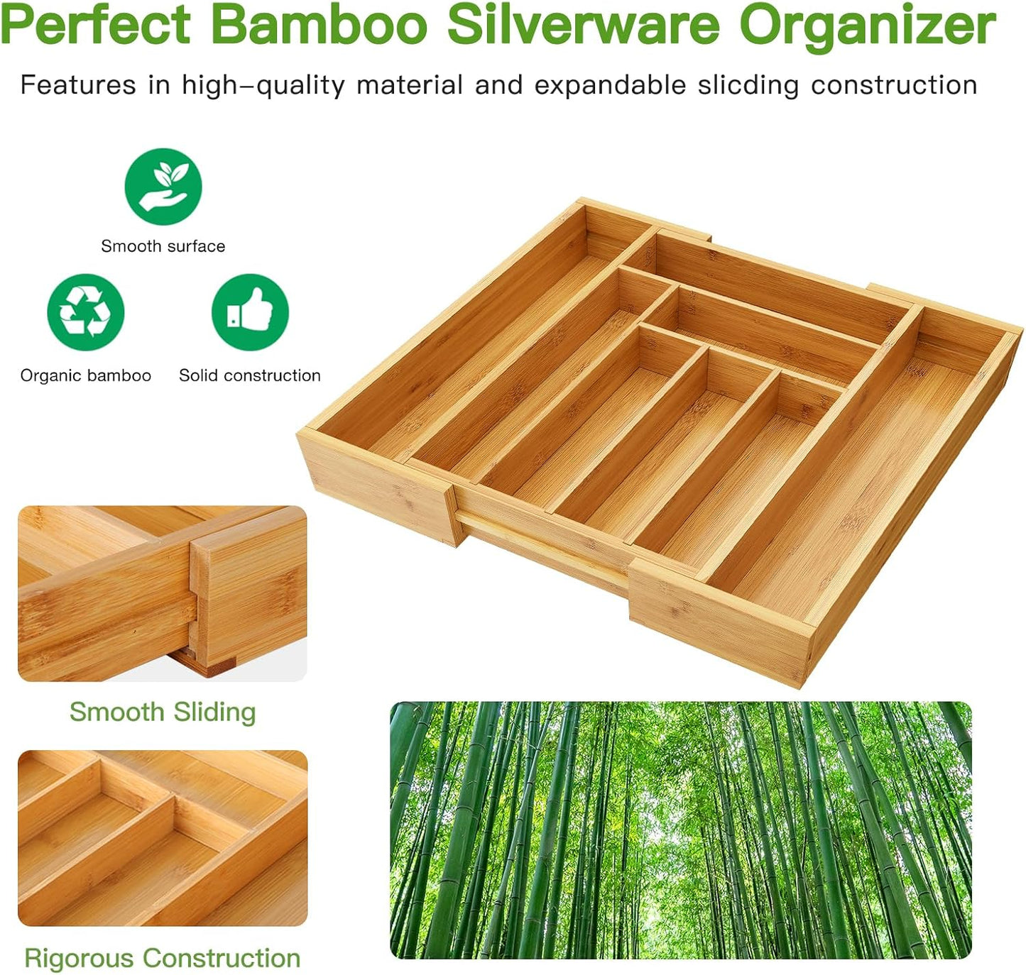 Bamboo Expandable Silverware Drawer Organizer, Adjustable Kitchen Utensil Tray for Forks