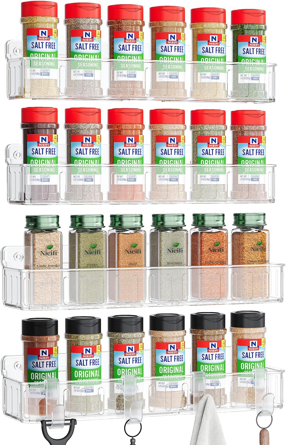 Spice Rack Wall Mount, 4 Pack, Clear, Screw or Adhesive Installation