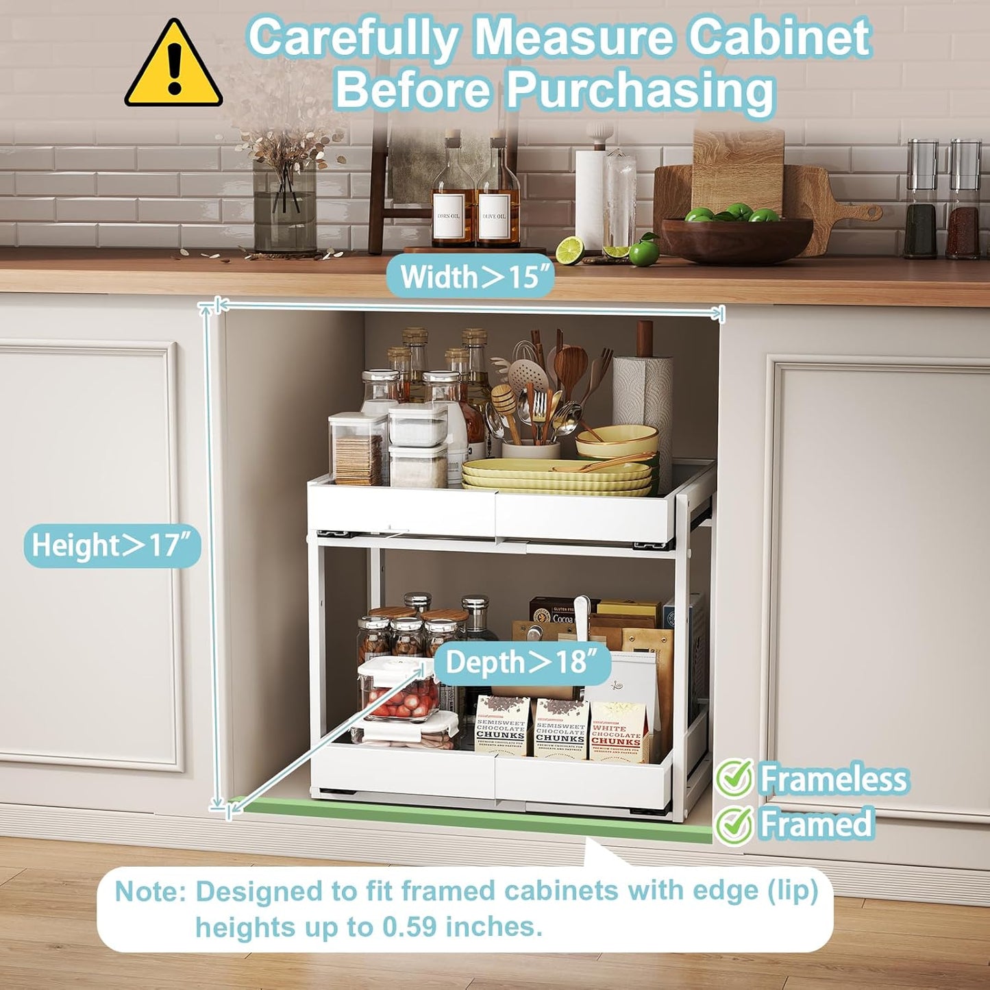 2-Tier Expandable Pull Out Cabinet Organizer - Slide Out Drawers for Kitchen Cabinets
