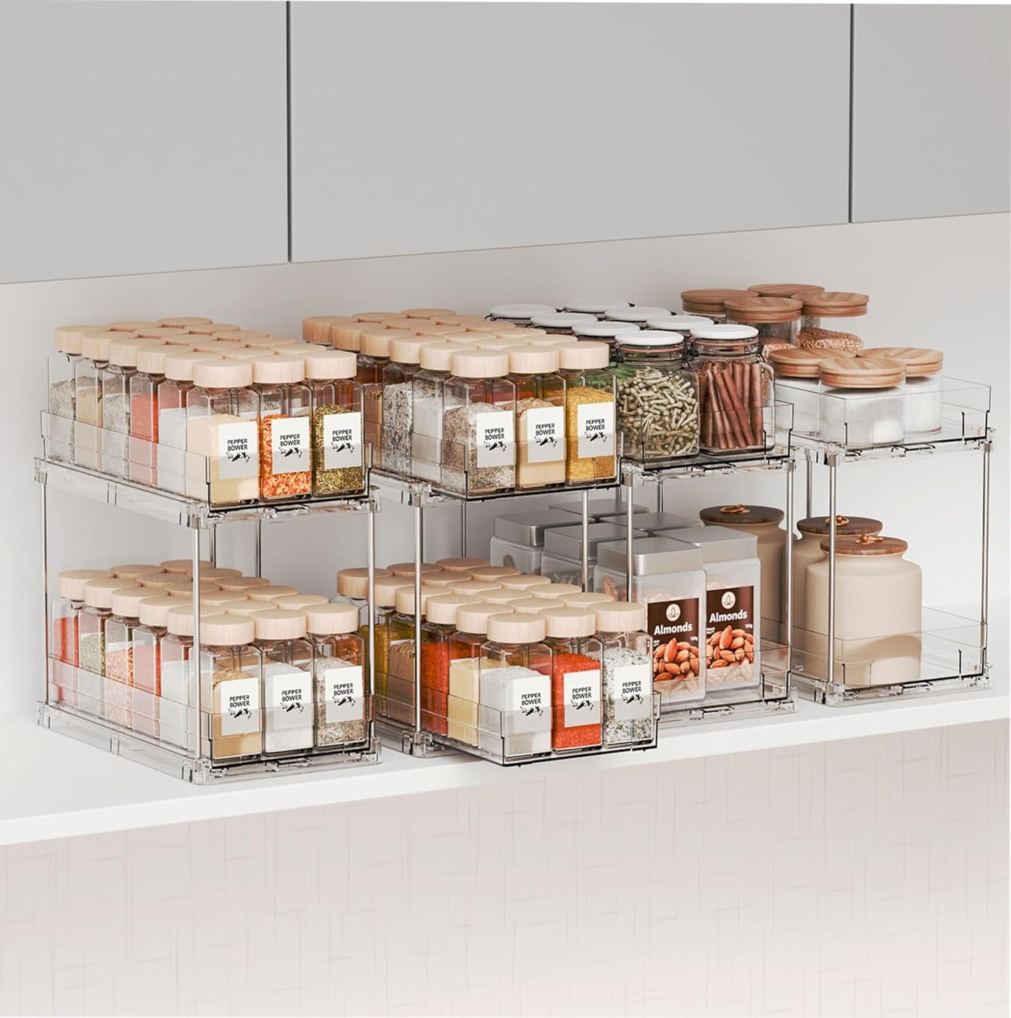 4 Pack 2 Tier Vertical Spice Rack Pull Out,10.4'' Deep Narrow Slide Out Spice Rack Organizer for Inside Cabinets,Kitchen,Pantry,Cupboard Seasoning,Can,Jar Organizer and Medicine Cabinet Storage