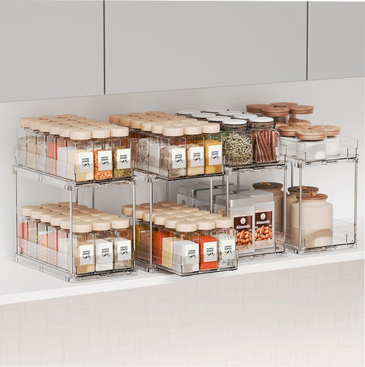 4 Pack 2 Tier Vertical Spice Rack Pull Out,10.4'' Deep Narrow Slide Out Spice Rack Organizer for Inside Cabinets,Kitchen,Pantry,Cupboard Seasoning,Can,Jar Organizer and Medicine Cabinet Storage