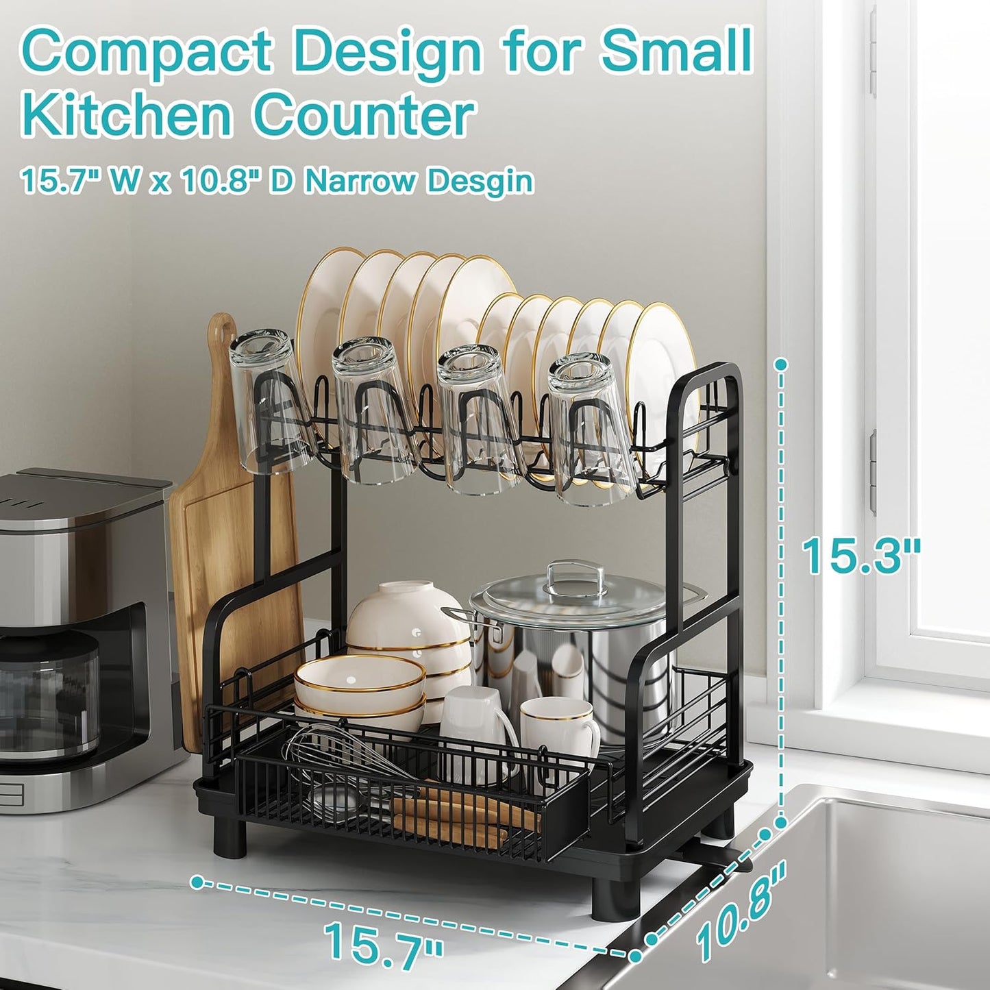 2 Tier Compact Stainless Steel Dish Drainers Drying Rack for Kitchen Counter, Space Saving
