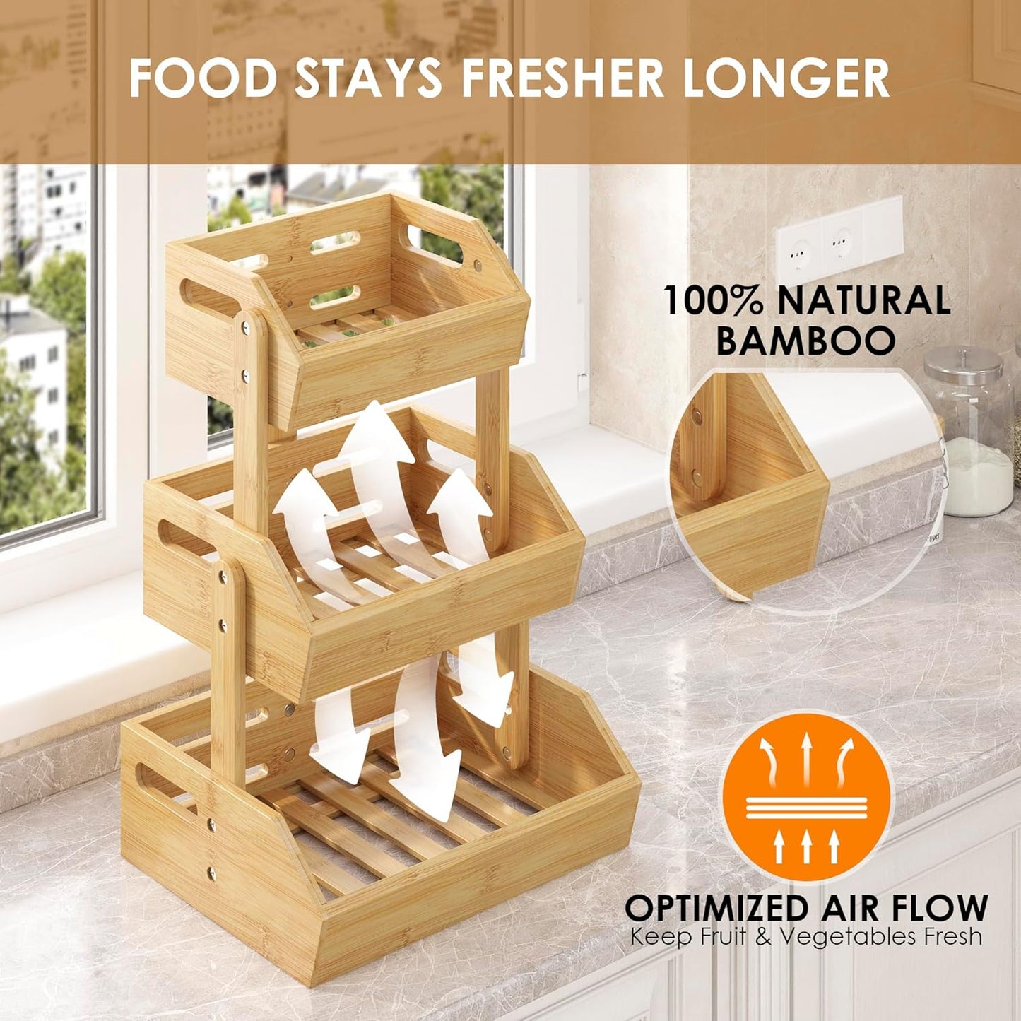 3 Tier Bamboo Fruit Basket, Fruit Basket for Kitchen Counter Fruit Bowl Fruit and Vegetable Storage, Fruit Bowl for Onion Potato Bread Snack Organizer and Kitchen Decor