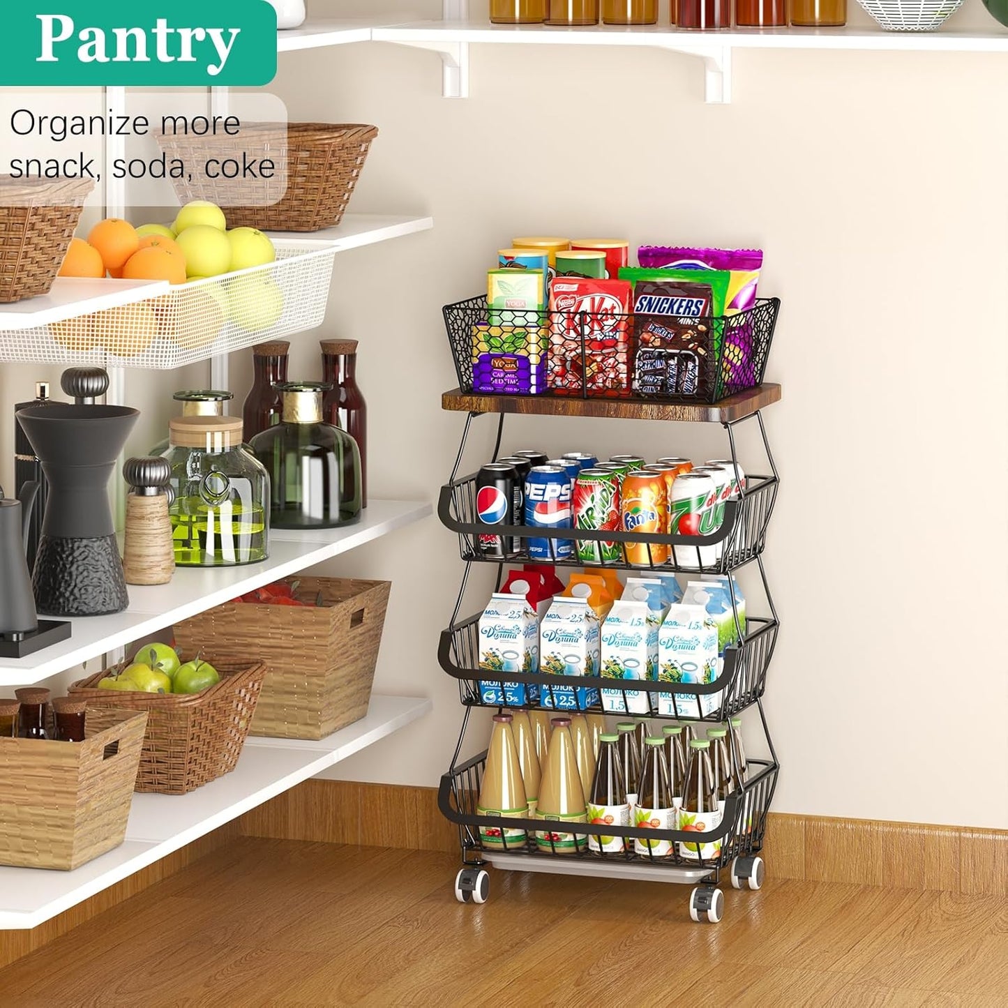 Fruit Basket with Wooden Lid for Kitchen, 4-Tier Stackable Wire Fruit Vegetable Storage Basket Organizer Stand on Wheel, Produce Basket Potato Onion Storage Bins Rack Cart for Pantry