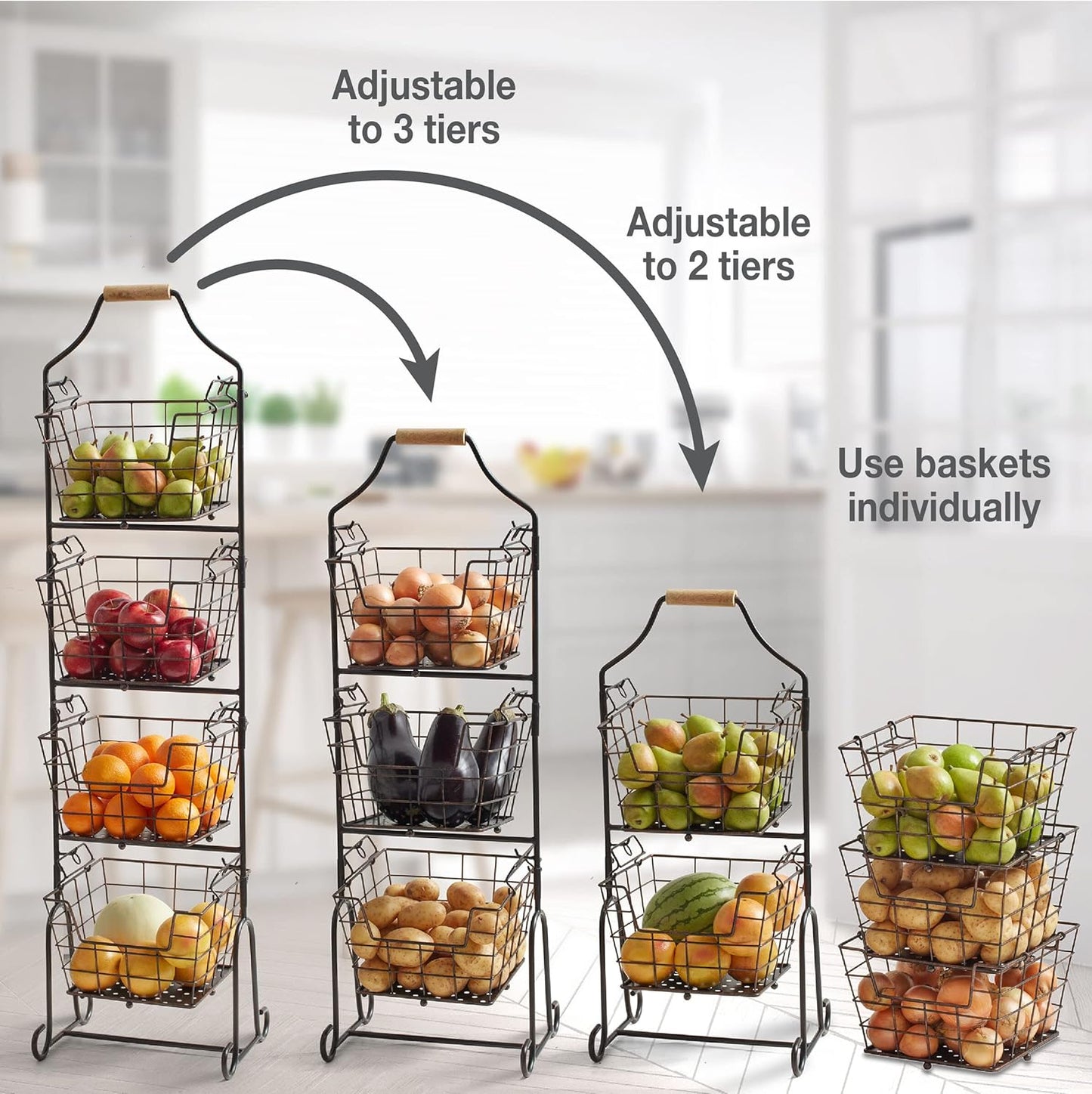 Mikasa Gourmet Basics Ferme 4-Tier Market Basket - Antique Black Wire and Acacia Wood Handle