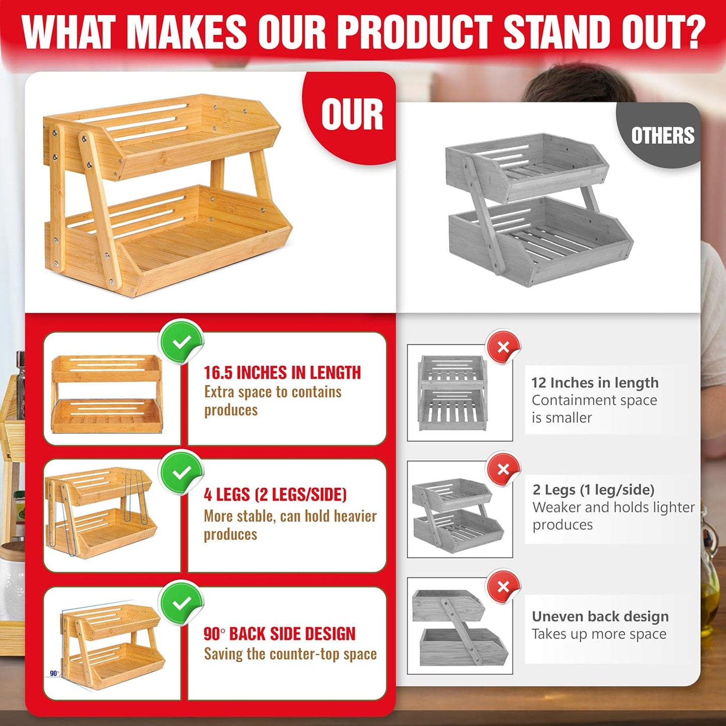 [Upgraded Length] 16.5-Inch Fruit Stand Storage Holder with 4 Sturdier Legs, 2-Tier Fruit Basket