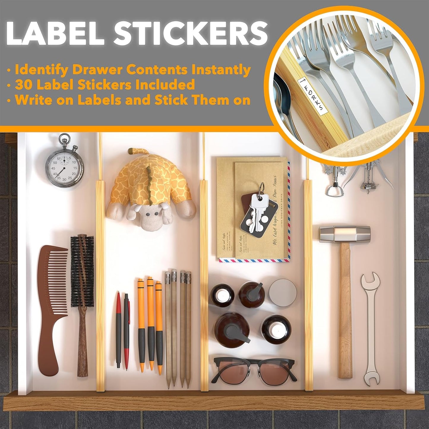 4 Pack Bamboo Drawer Dividers with Labels, Kitchen Adjustable Drawer Organizers