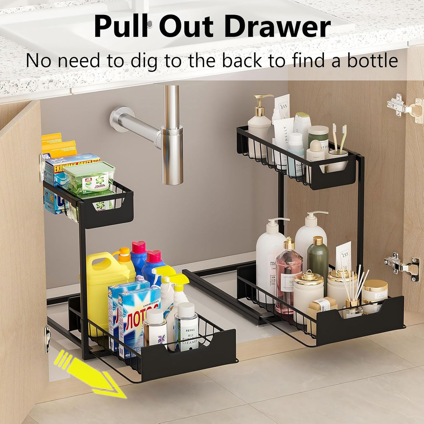 Under Kitchen Sink Organizers and Storage Pull Out 2 Tier Metal Bathroom Cabinet Organizer (Black
