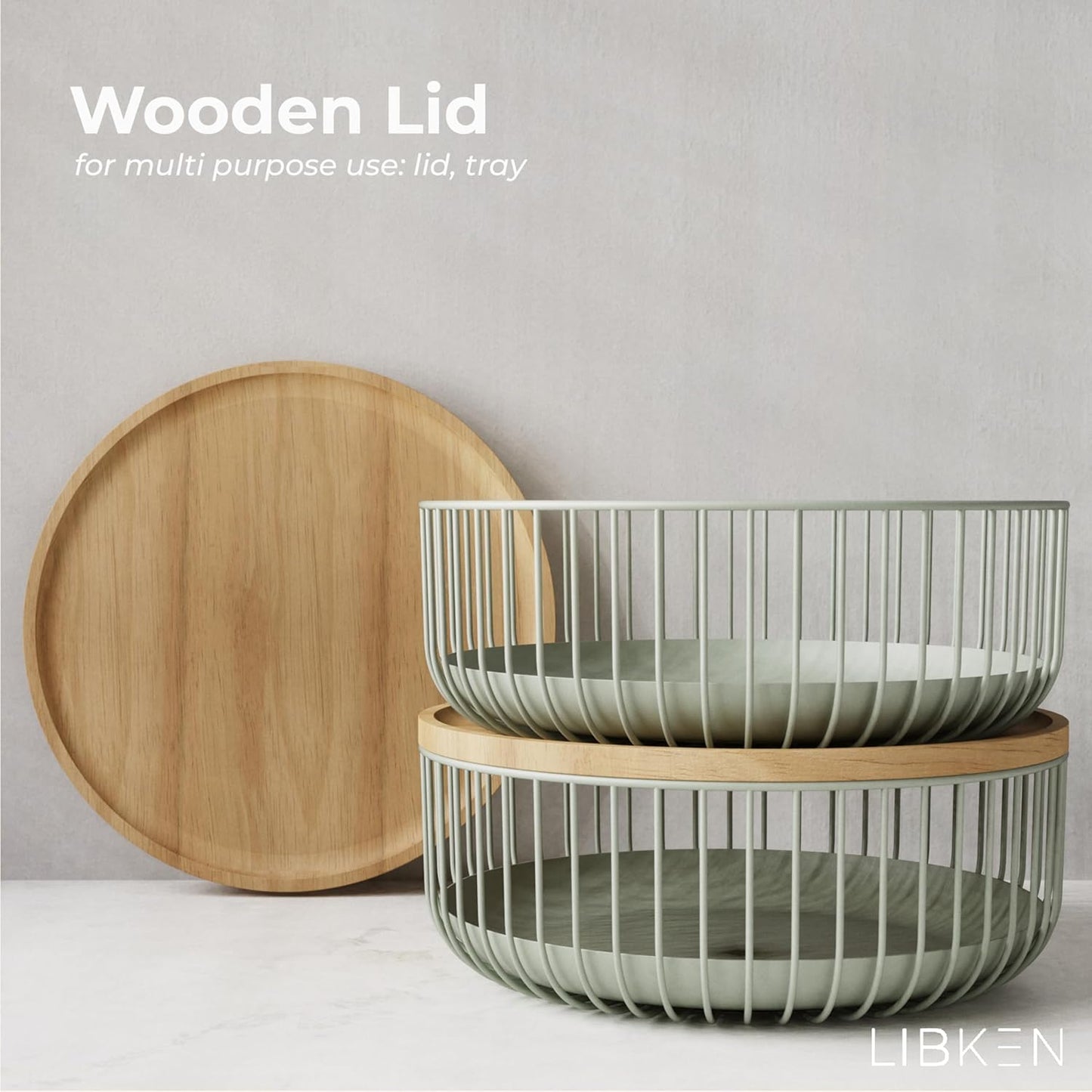 Fruit Basket with Wooden Bamboo Lid- Fruit Bowl For Kitchen Counter