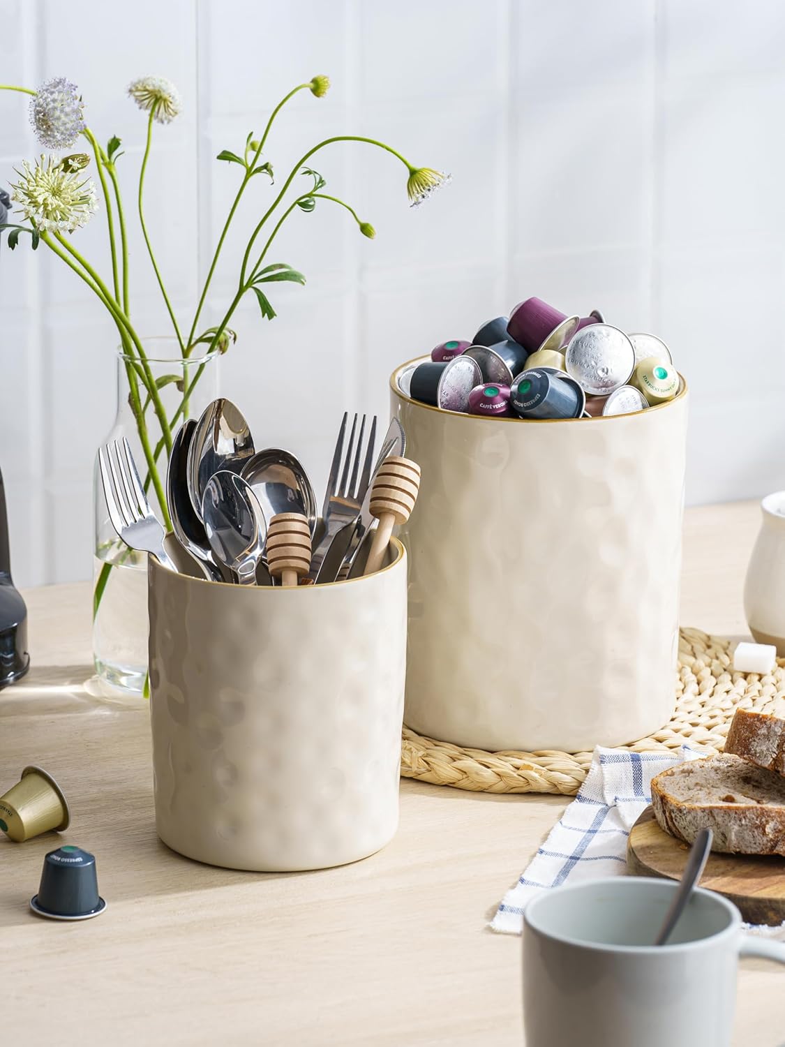 Ocean Utensil Holder, 7.2"+5.8" Ceramic Kitchen Utensil Holder for Countertop