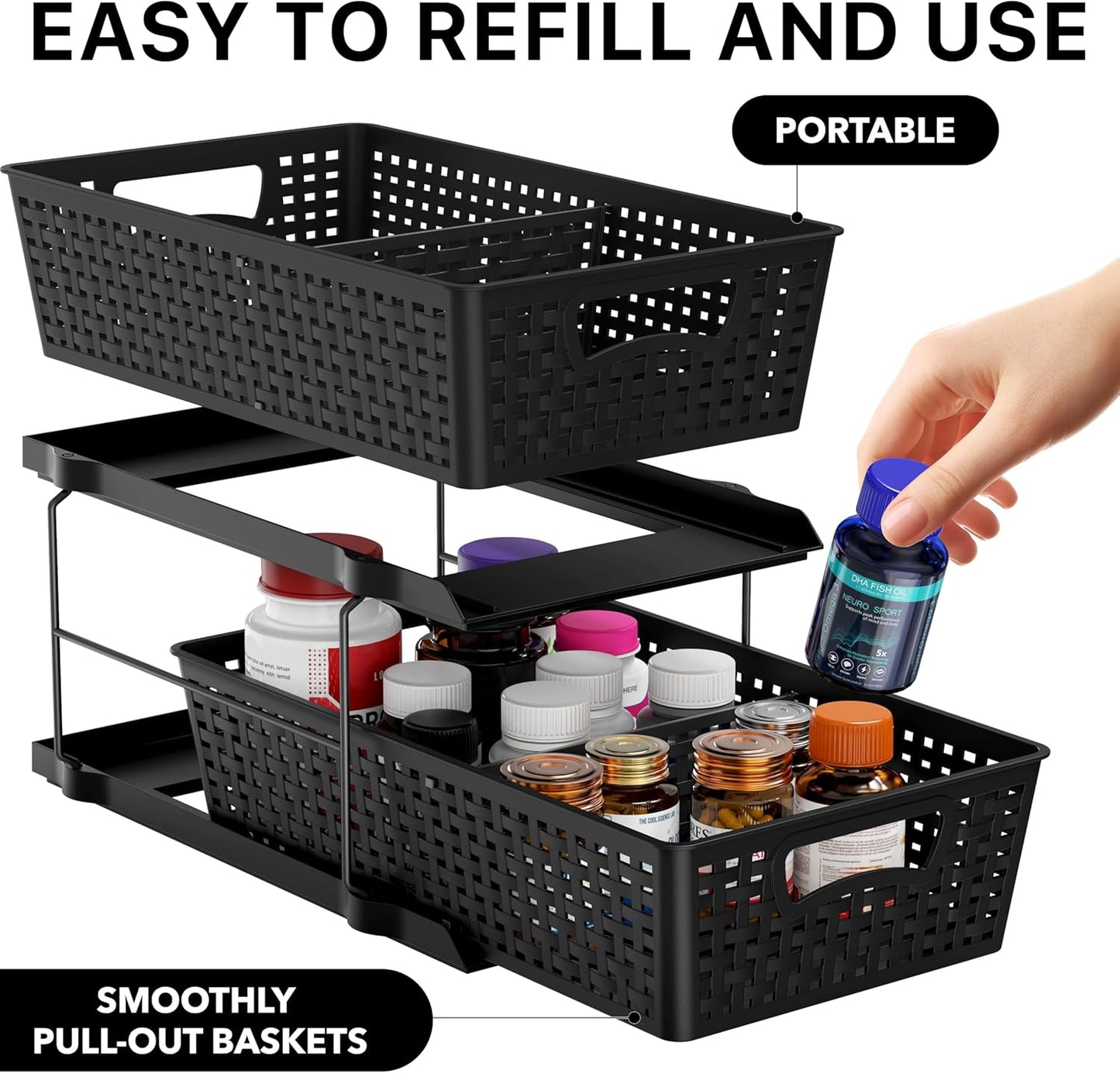 2 Tier Bathroom Organizer Tray Pull-Out Sliding Drawer, Under Sink Storage, Black