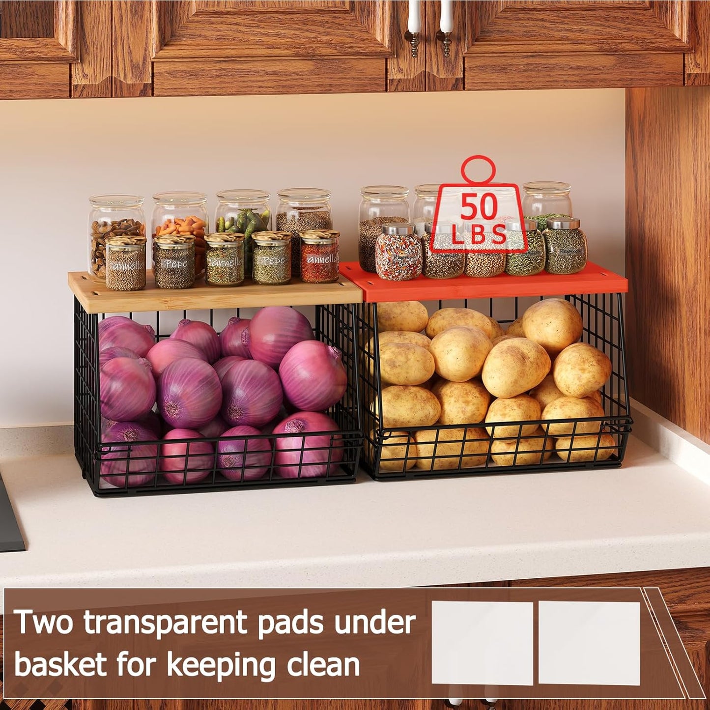 2 Set Stackable Wire Basket with Wooden Tops & Pad for kitchen organizers and storage