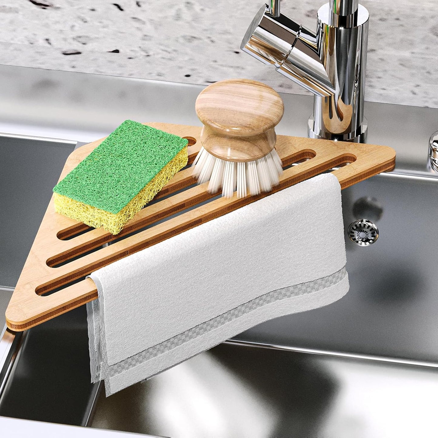 Dish Drying Rack for Sink Corner,Over The Sink Bamboo Dish Drainer Drying Rack,Dish Drainer Mat for Kitchen,Sink Accessories(Natural)