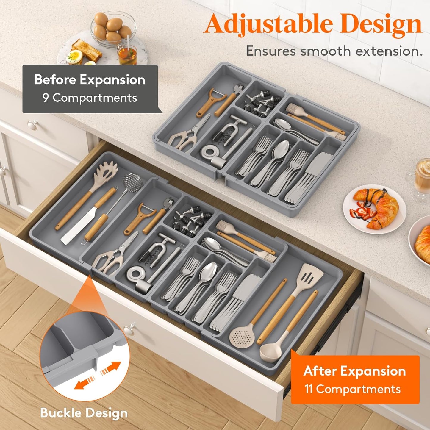 Utensil Organizer for Kitchen Drawer, Expandable Cooking Silverware Tray