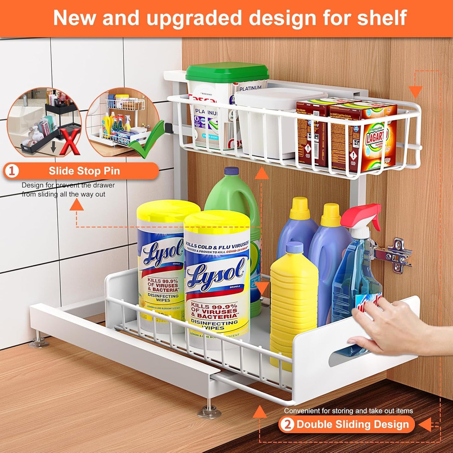 2 Pack Under Sink Organizer, Pull Out Cabinet Organizer 2 Tier Slide Out Sink Basket Drawer Sink Shelf Cabinet Storage Shelves ,Adjustable L Shape Counter Organization for Kitchen Bathroom , White