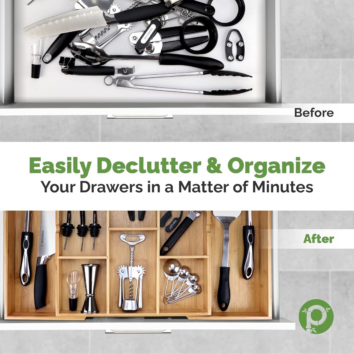 Expandable Drawer Organizers for Kitchen - Extra Deep Non-Slip 17” x 14.6” (expands up to 25 inches) - Dark Wooden Silverware Divider (10 Compartments) – Organize Cooking Utensils
