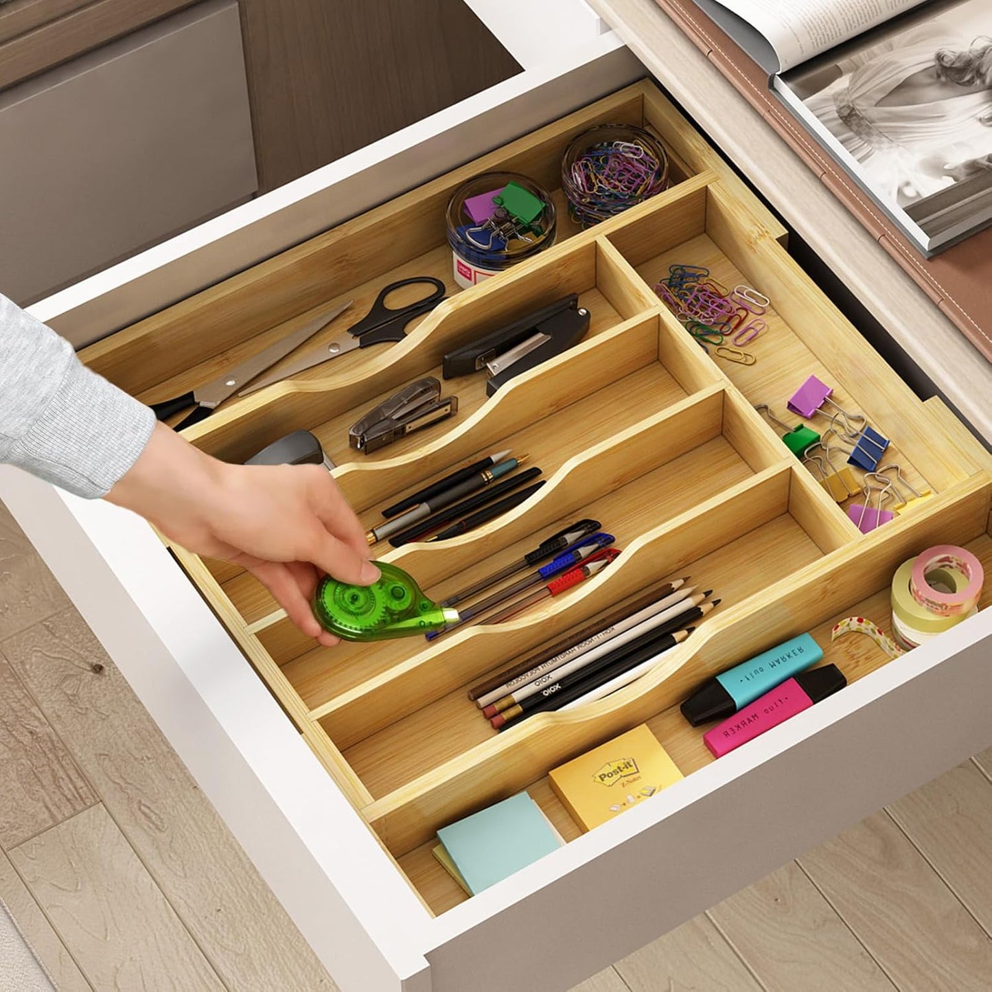 Bamboo Kitchen Drawer Organizer,Expandable Silverware Organizer,2 Pack Utensil Holder and Cutlery Tray with 7 Slots,Gadgets Storage Divider,Natural