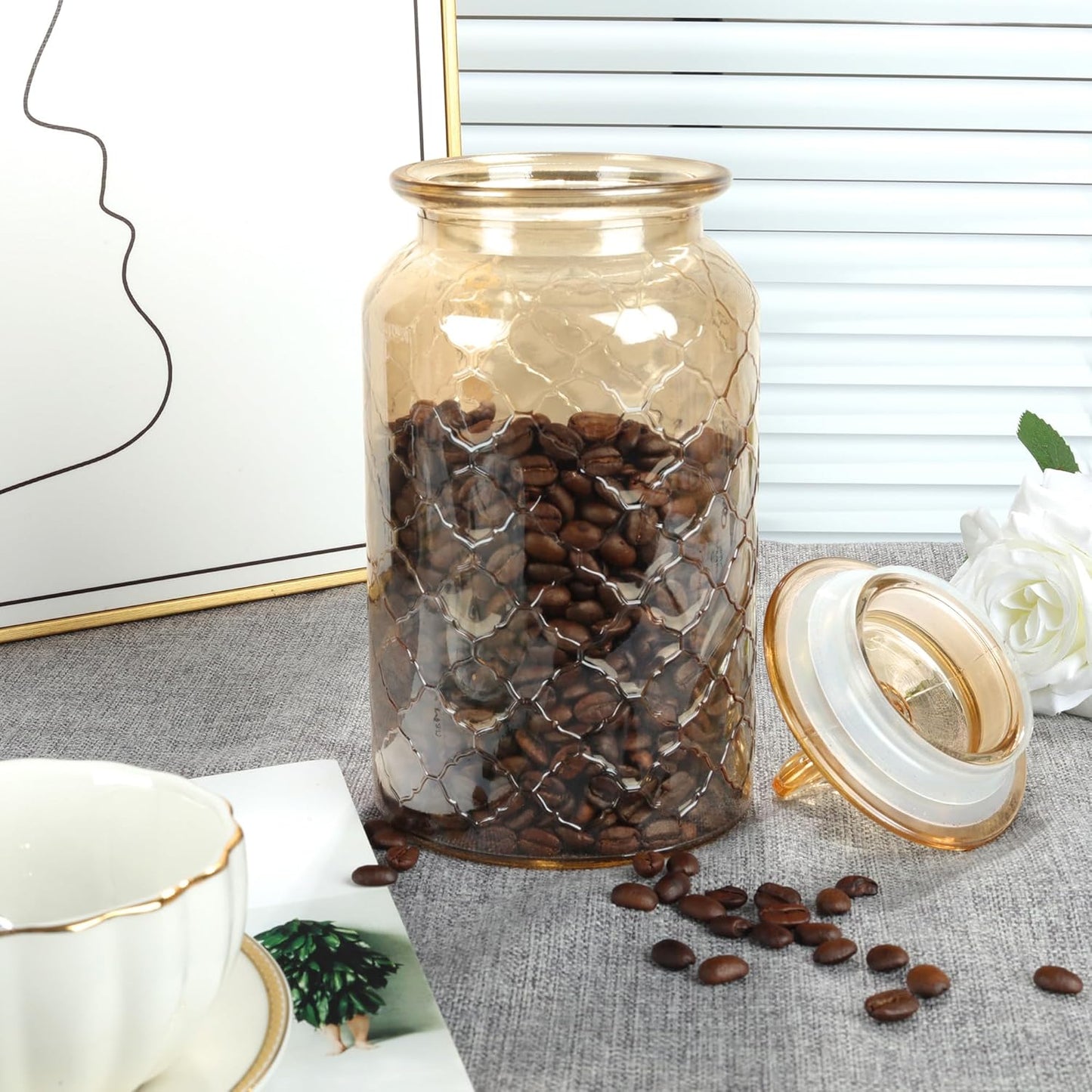 45 oz Amber Glass Storage Jar with Airtight Glass Lids, Vintage Embossed Food Container