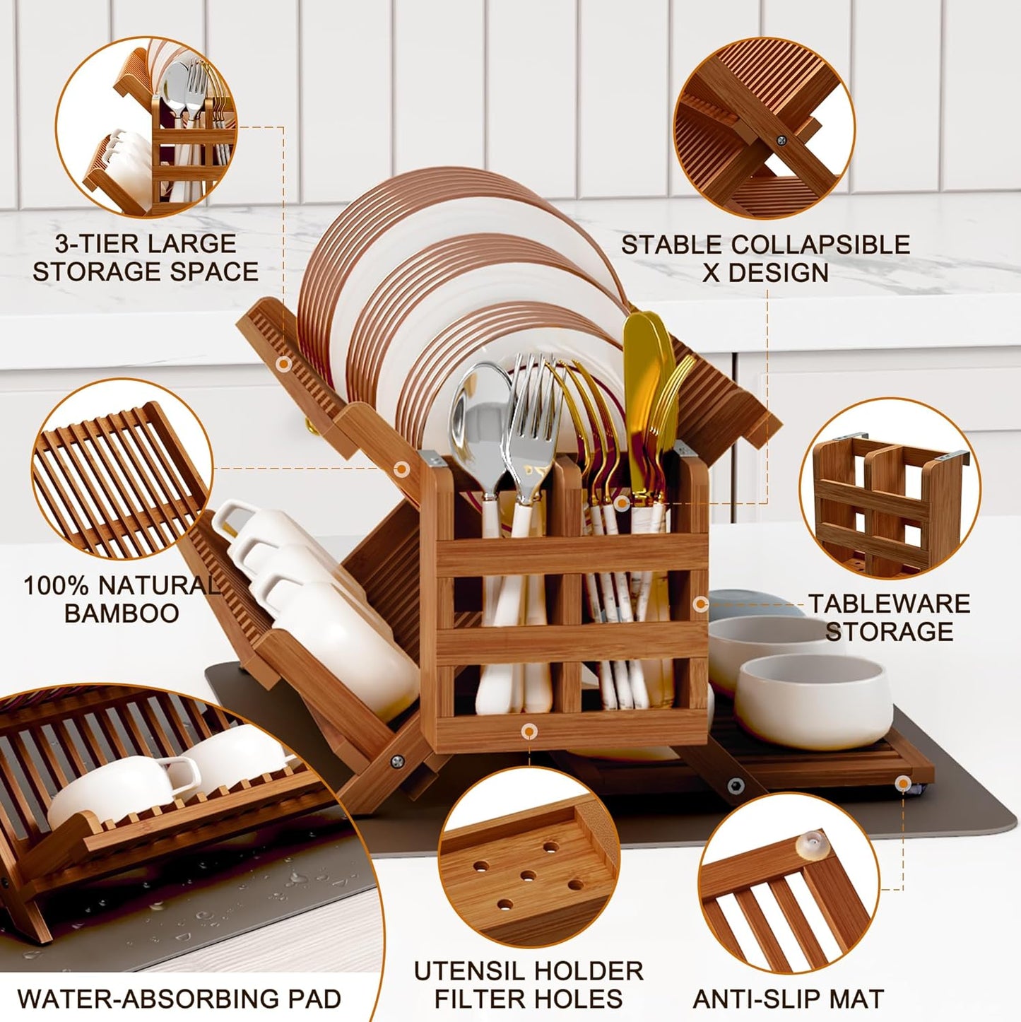 Teak Dish Drying Rack with Utensil Holder, 3 Tier Collapsible Dish Rack