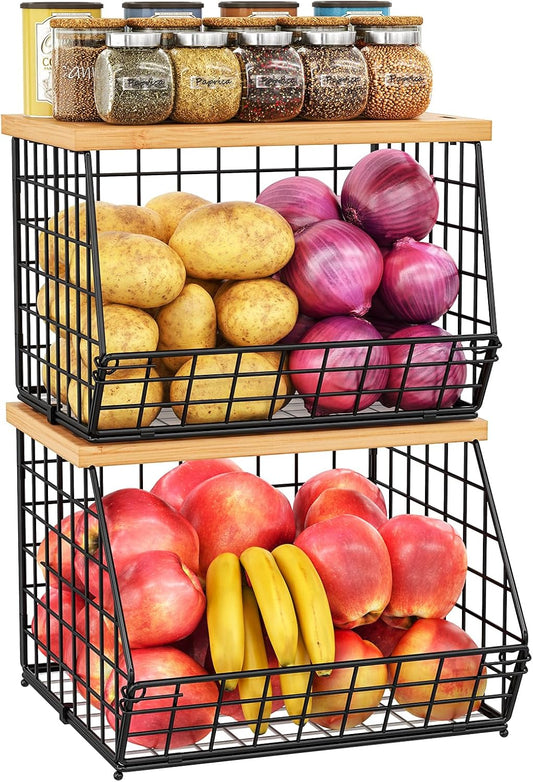 2 Set Stackable Wire Basket with Wooden Tops & Pad for kitchen organizers and storage