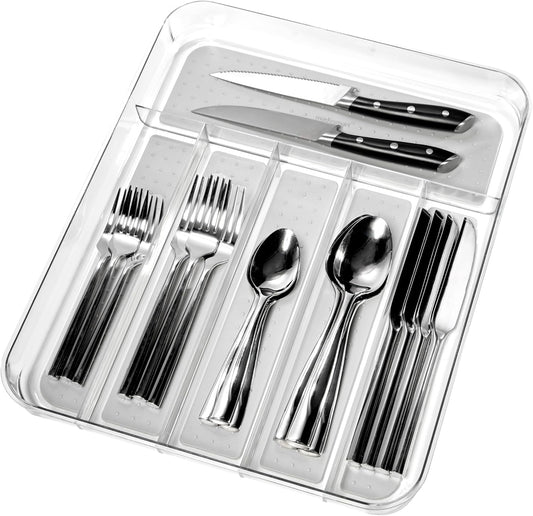 Premium Clear Silverware Tray, 6 Compartment Flatware Organizer for Forks, Knives & Spoons