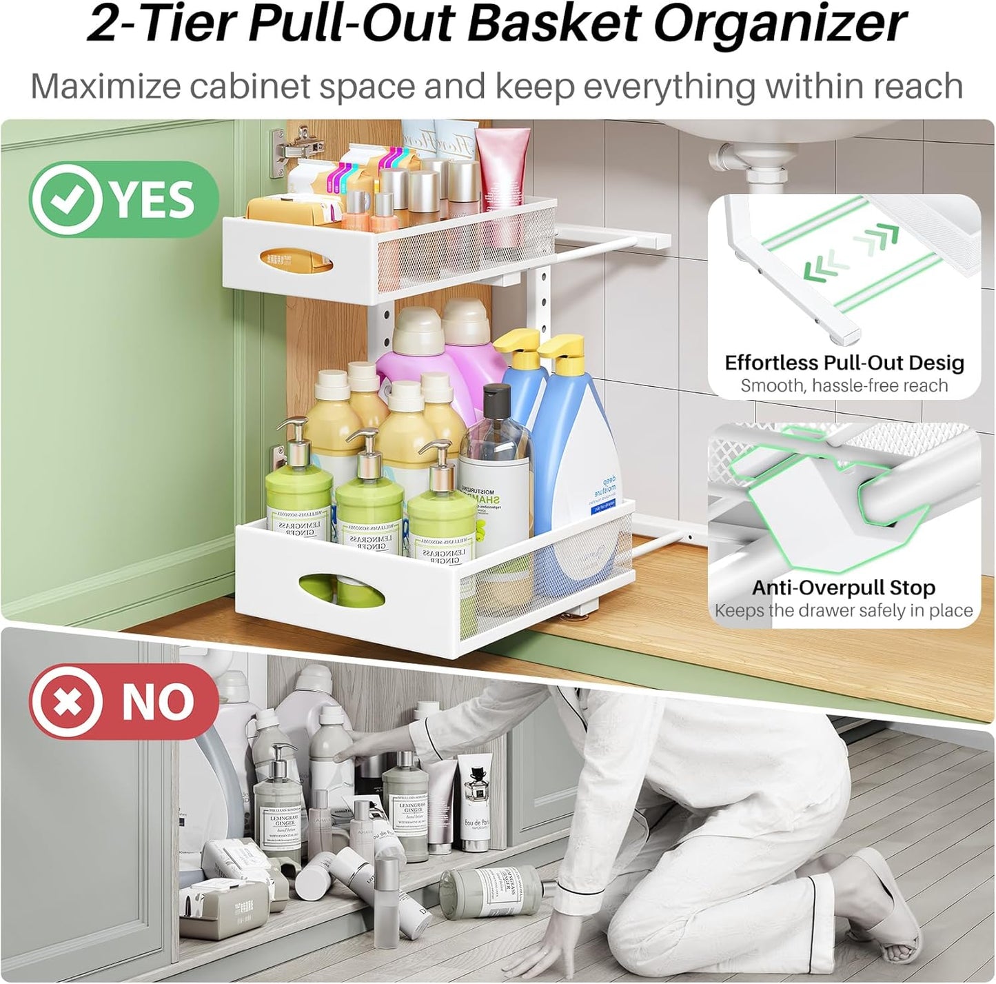 Under Sink Organizer, 2-Pack Pull Out Cabinet Organizer 2 Tier Metal Slide Out Storage Shelf Rack