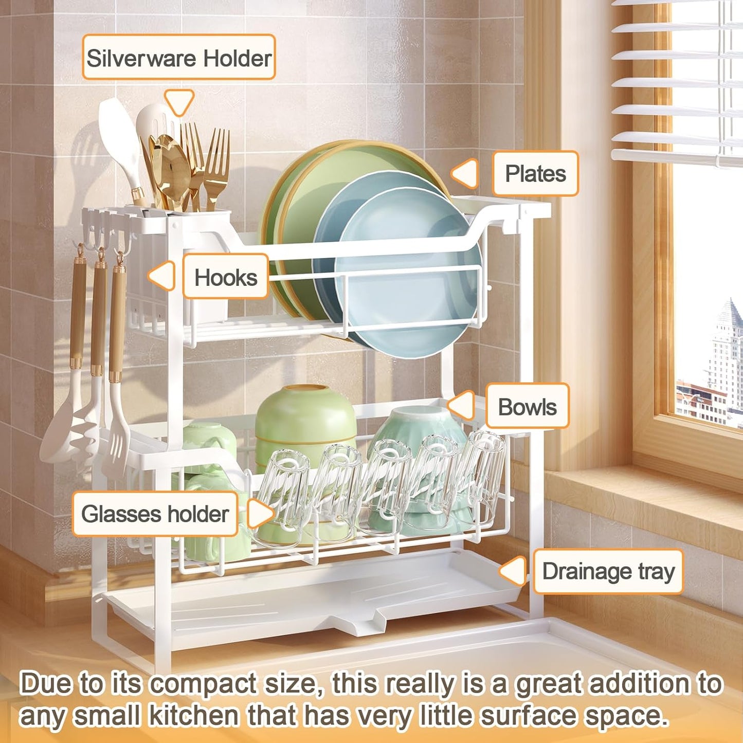 Dish Rack with Drainboard, Organizes Dishes and Bathroom Items for Narrow Spaces