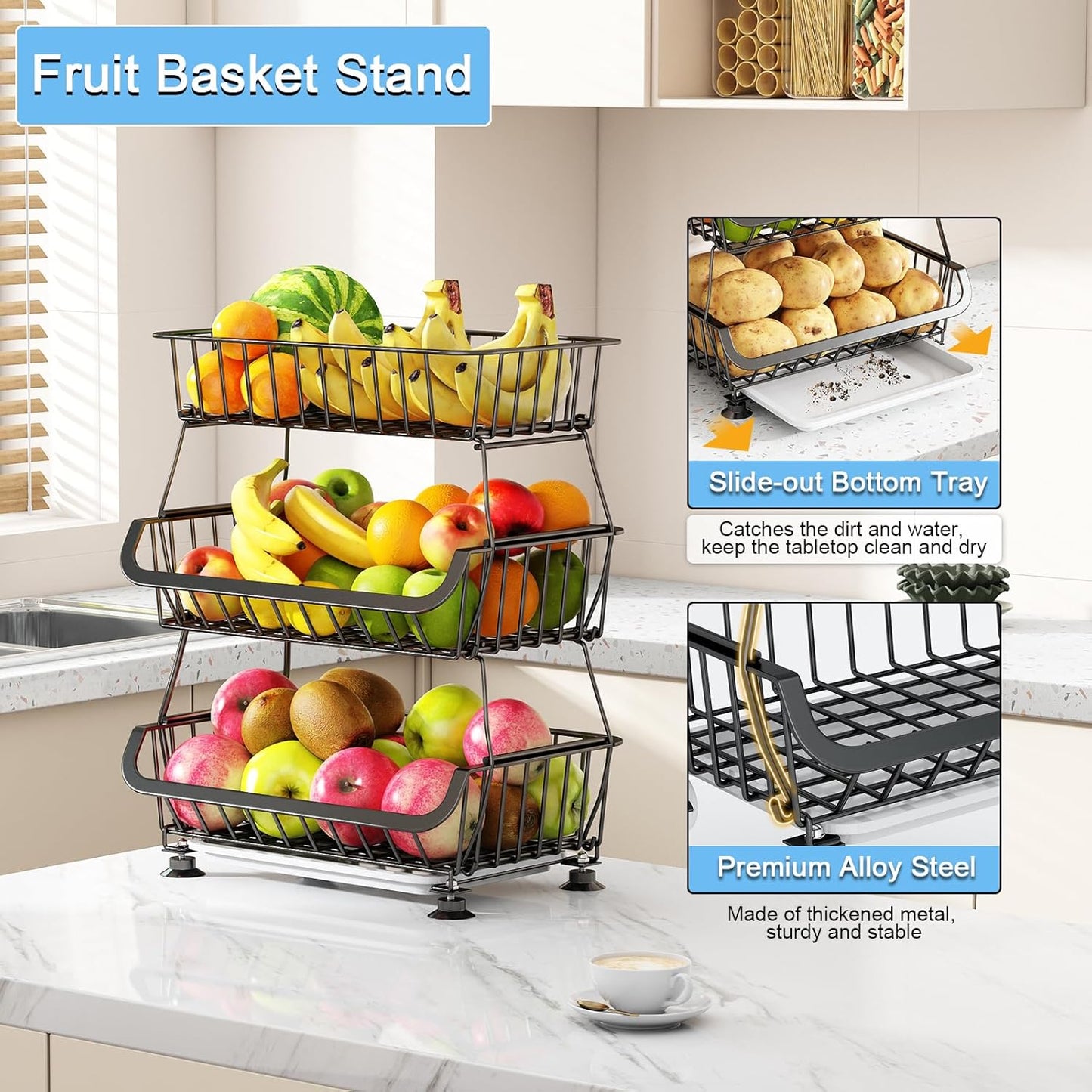 3-Tier Rolling Pantry Floor Organizer, Stackable Pantry Storage Cart with Wheels