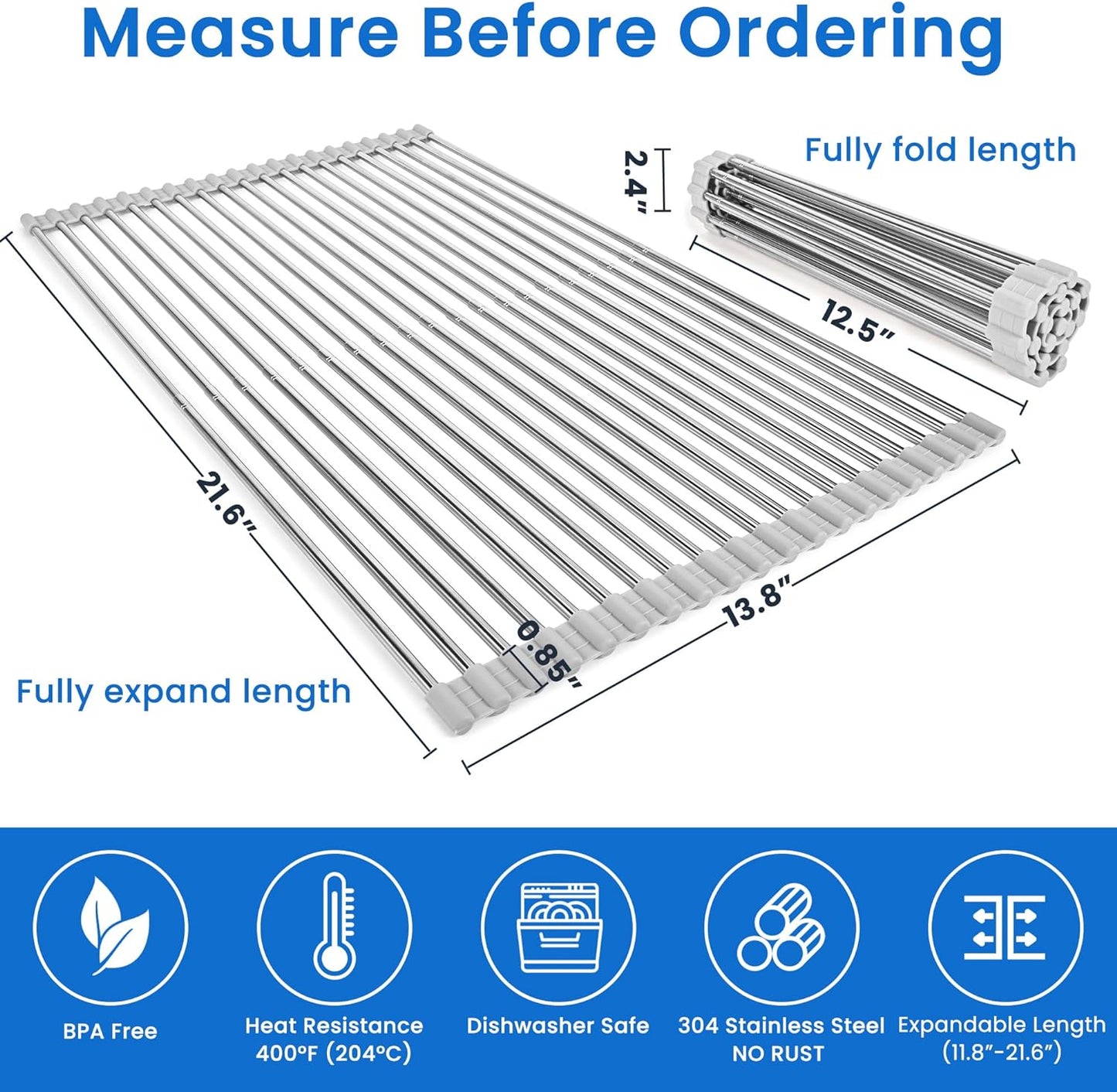 Roll Up Dish Drying Rack, Adjustable Over Sink Dish Drying Rack for Kitchen