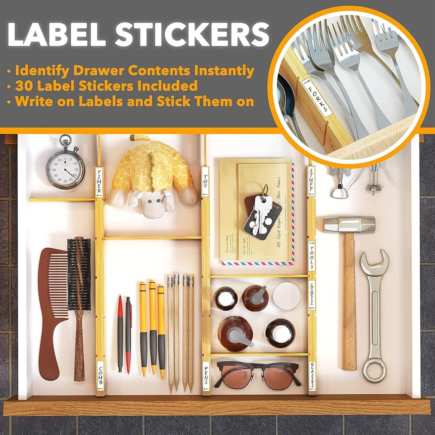 Bamboo Drawer Dividers with Inserts and Labels, Kitchen Adjustable Drawer Organizers