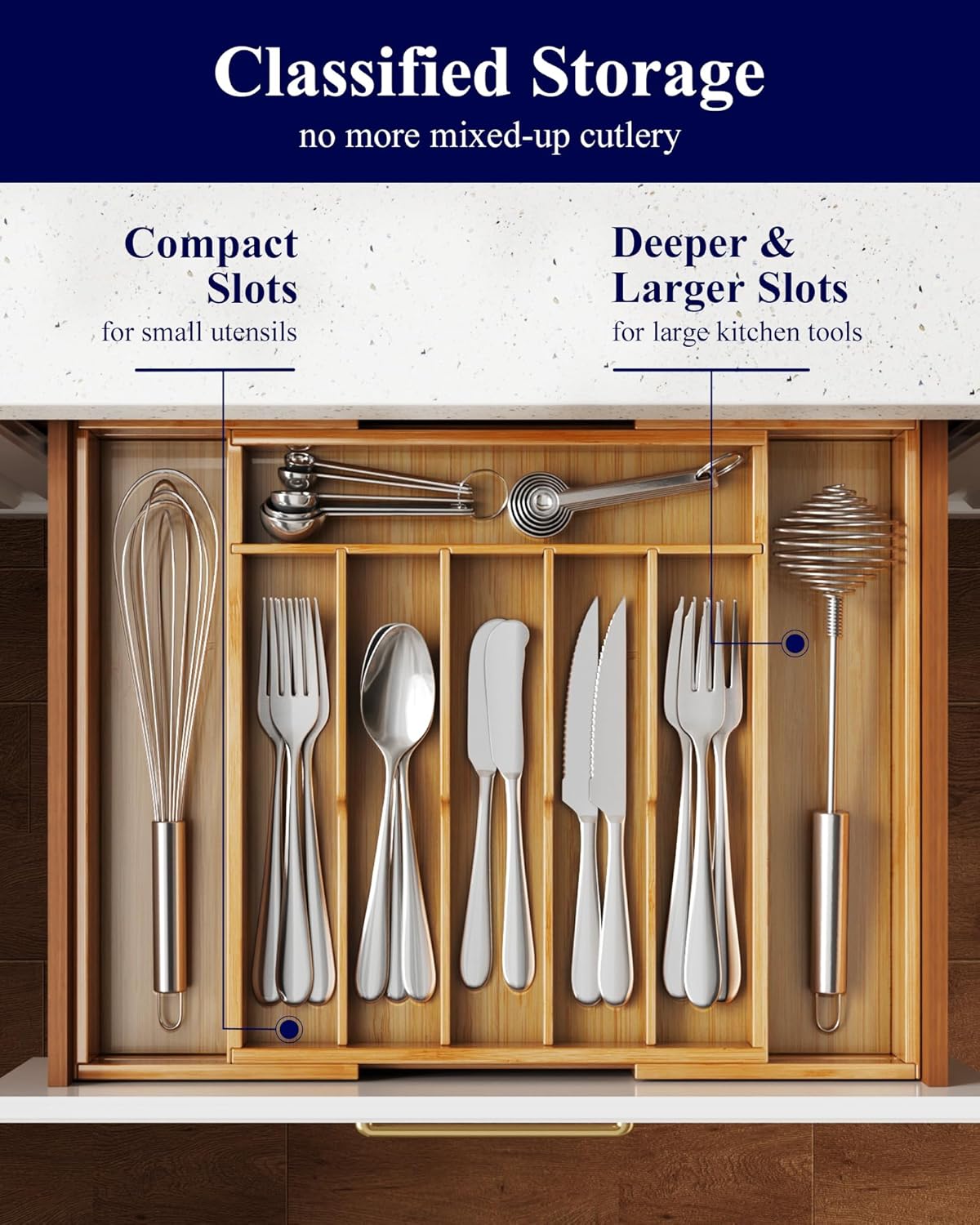 Silverware Organizer - Expandable Bamboo Kitchen Drawer Organizer for Cooking Utensils and Cutlery