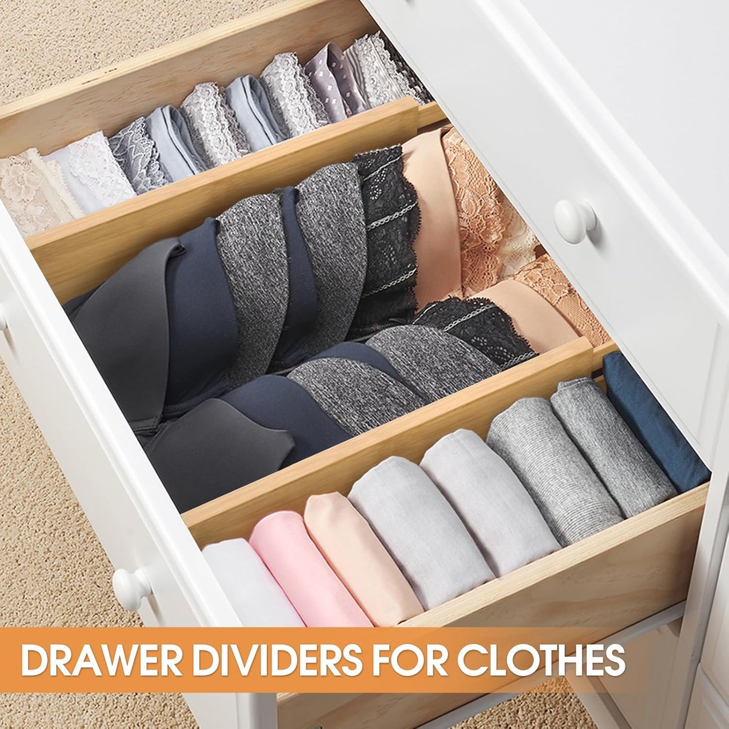 Bamboo Drawer Dividers Organizers, Kitchen Drawer Organizer, Adjustable Drawer Divider for Clothes