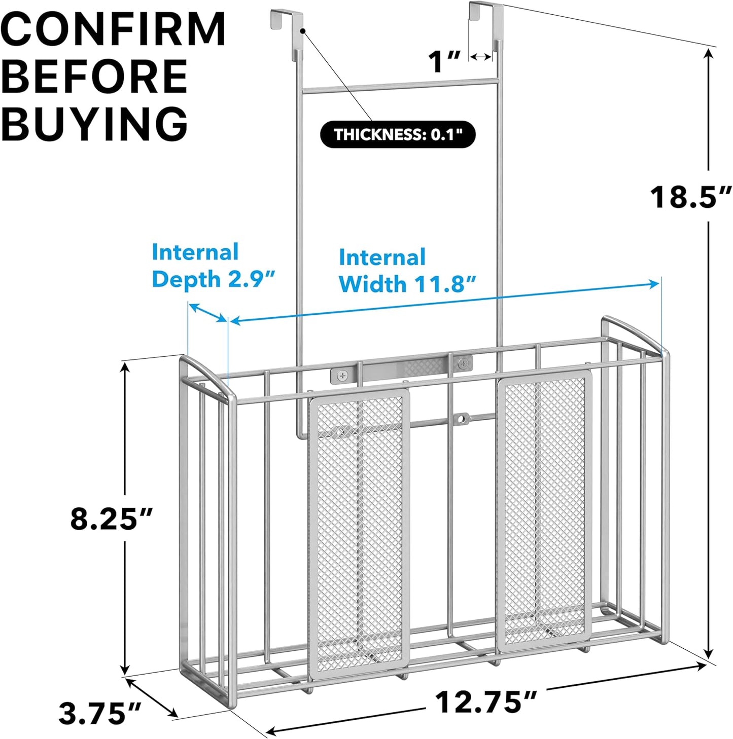 Over Cabinet Door Organizer, 12.5"Wx3.75"Dx18"H, Mesh Silver