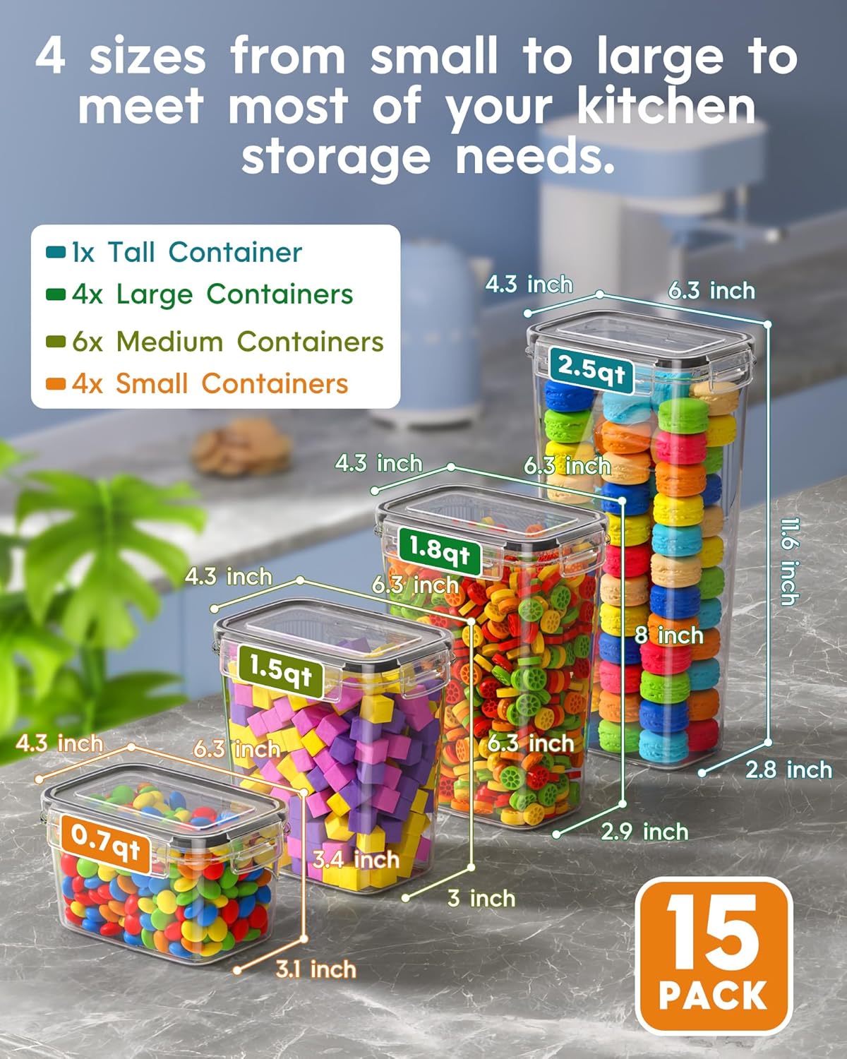 Airtight Food Storage Containers with Lids, 15 PCS Kitchen and Pantry Organization Canisters