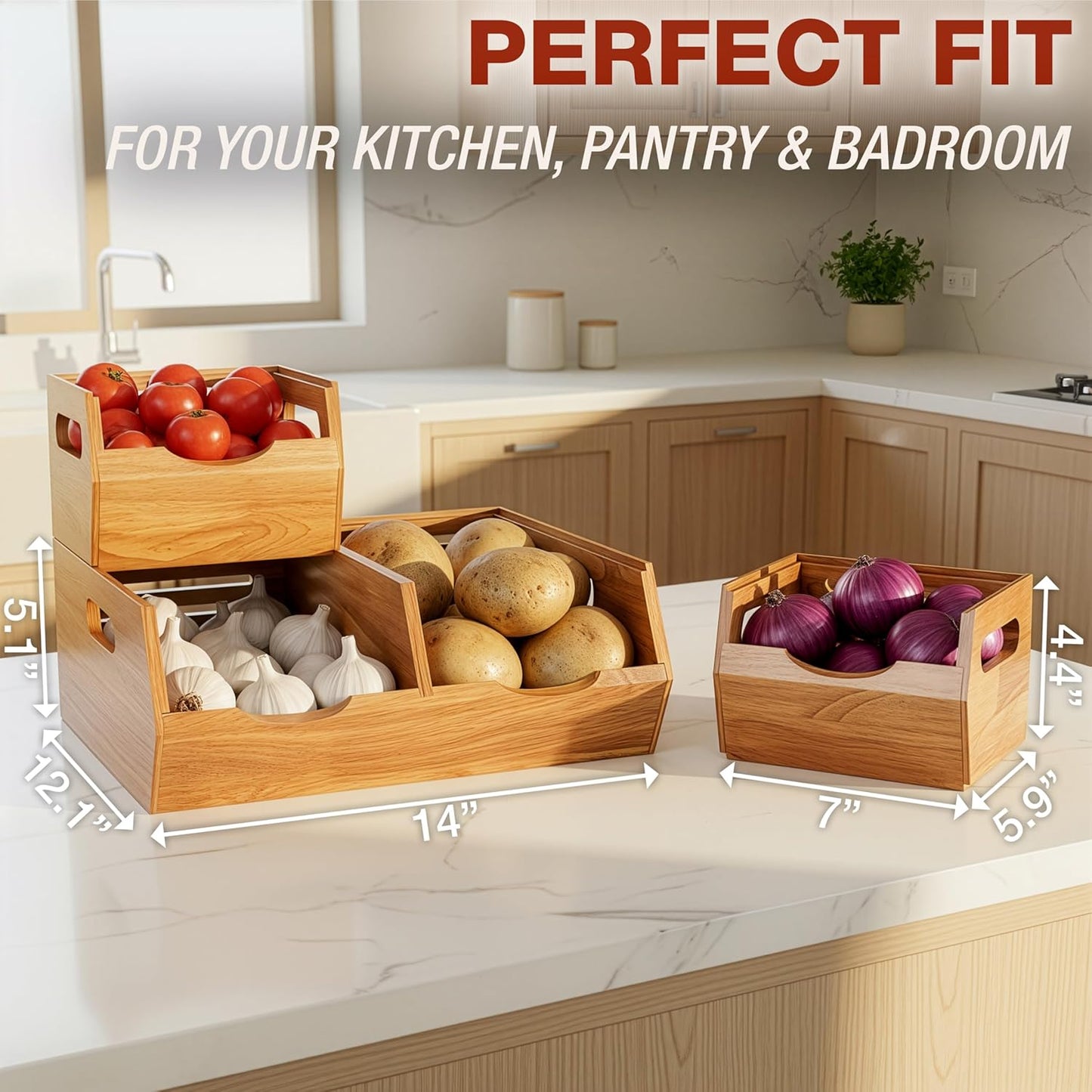 Stackable Solid Wood Storage Bins for Pantry & Countertop