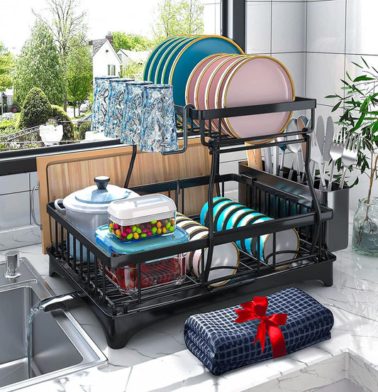 Dish Drying Rack, 2-Tier Dish Rack with Auto-Drain & Mat, Dish Racks for Kitchen Counter