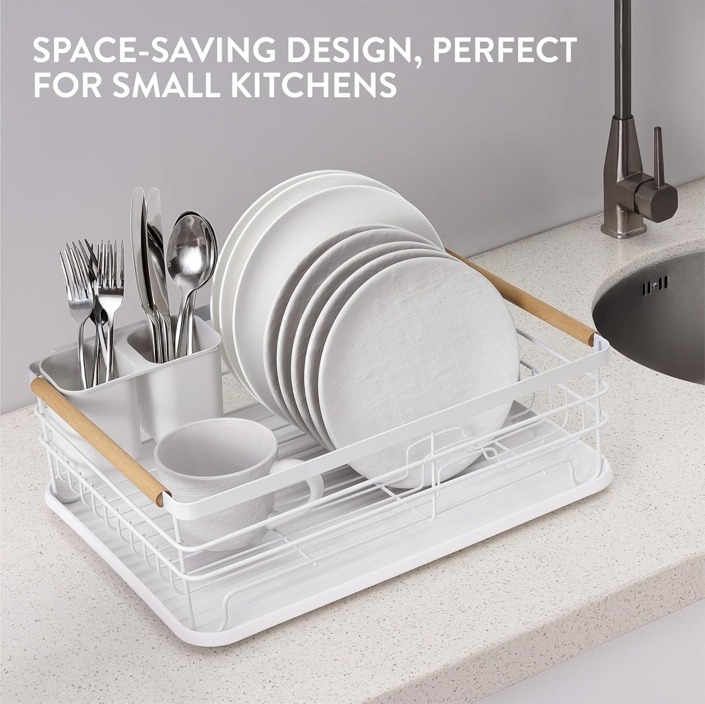 Dish Drainer Rack - Plate, Silverware, Pots and Pans - Dish Rack with Beechwood Handles