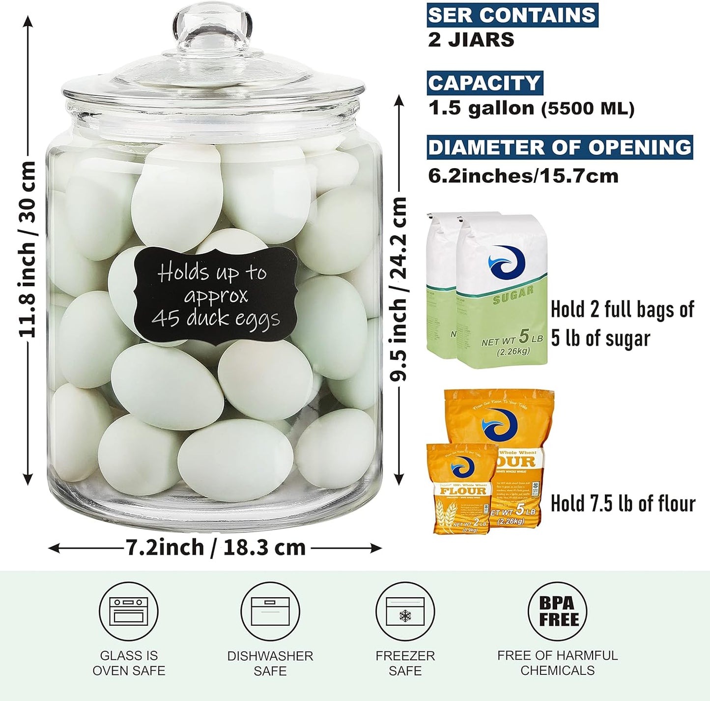 1.5 Gallon Glass Canister, 2 Pack Cookie Jar & Candy Jar with Airtight Lid