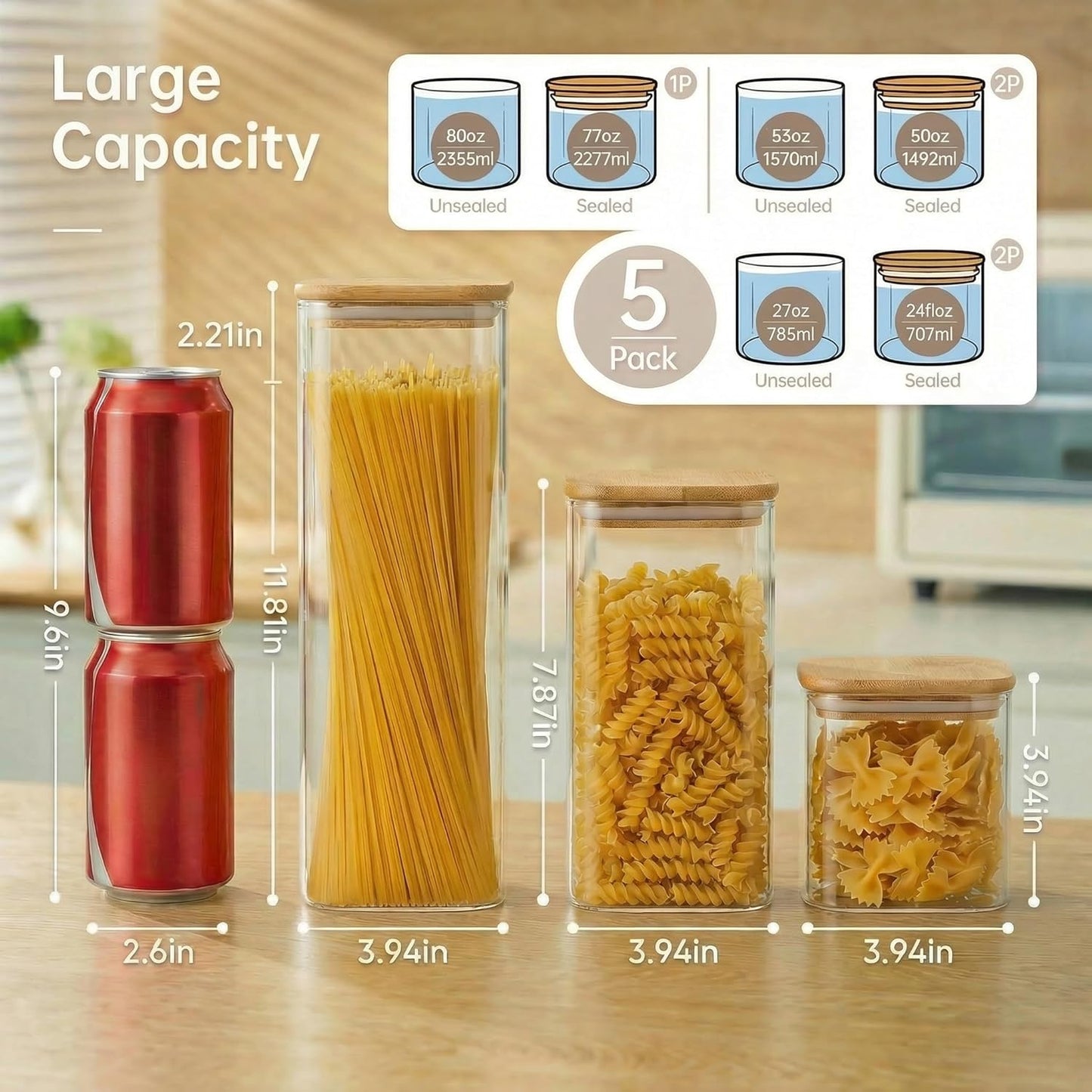 Square Glass Jars with Bamboo Lids [Muti Size Set of 5], Glass Canisters with Airtight Lids