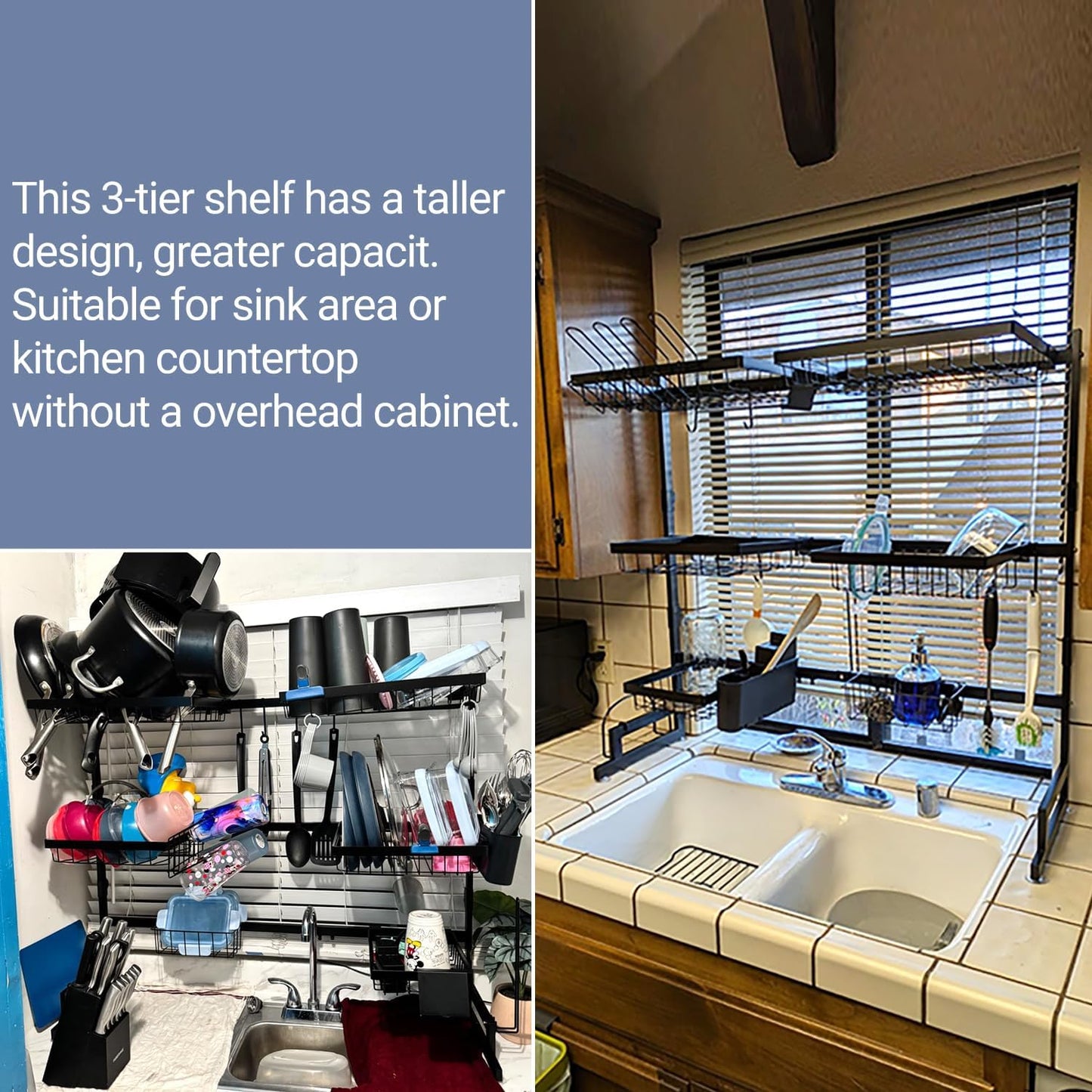 Over The Sink Dish Drying Rack (Expandable Height and Length) Snap-On Design 2 Tier Large Dish Rack 31-39.4L x 12W x 34-38H inches