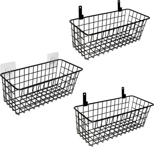 3 Set Hanging Wire Baskets ,Wall Mount Fruit Basket,No Drilling,Adhesive Small Metal Basket,Farmhouse Food Storage Mesh Bin Kitchen Pantry Laundry Bathroom Closet Garage RV ,Black