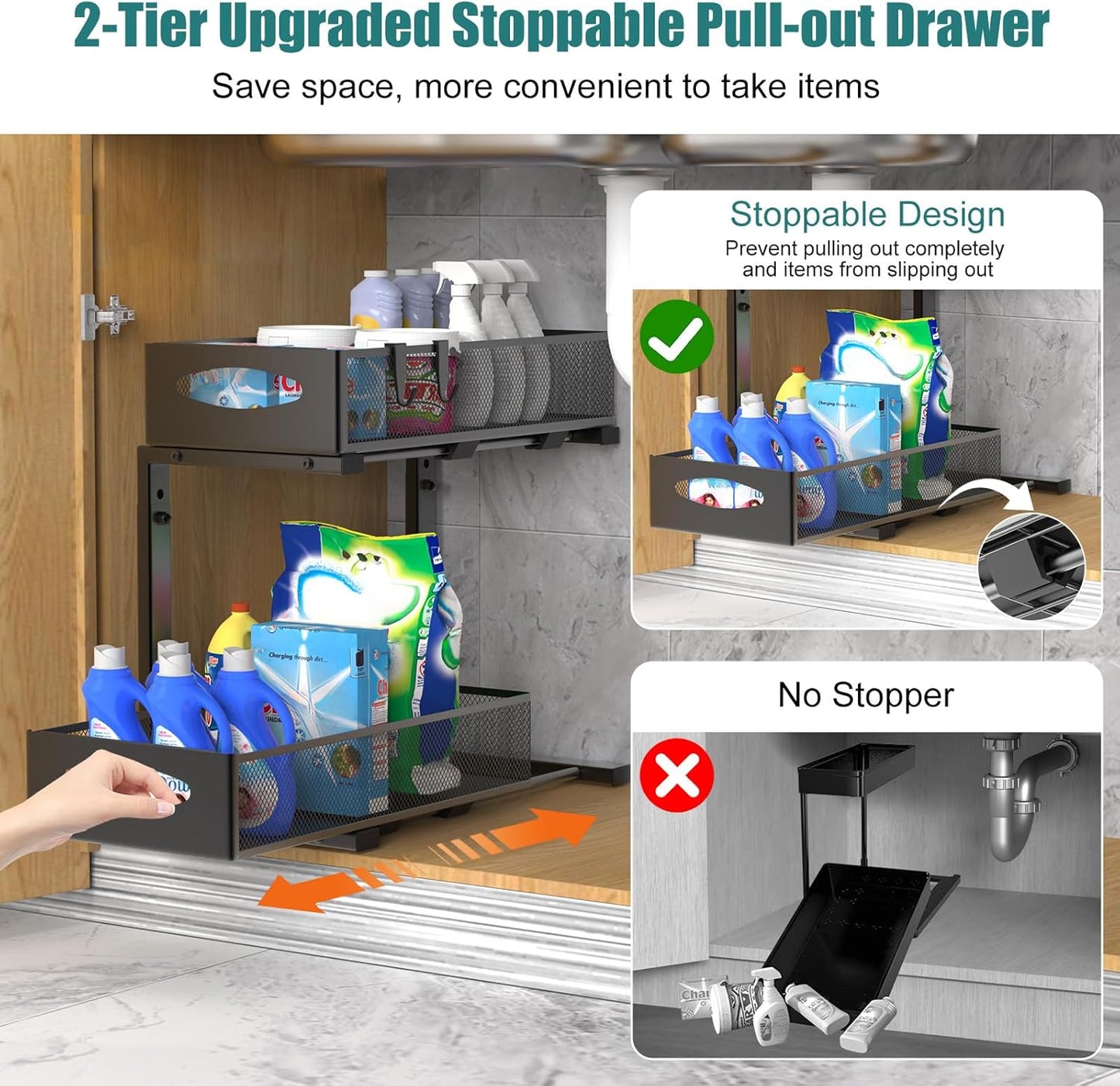 2 Pack Under Sink Organizer, 2 Tier Metal Pull Out Under Sink Storage with Sliding Mesh Drawers
