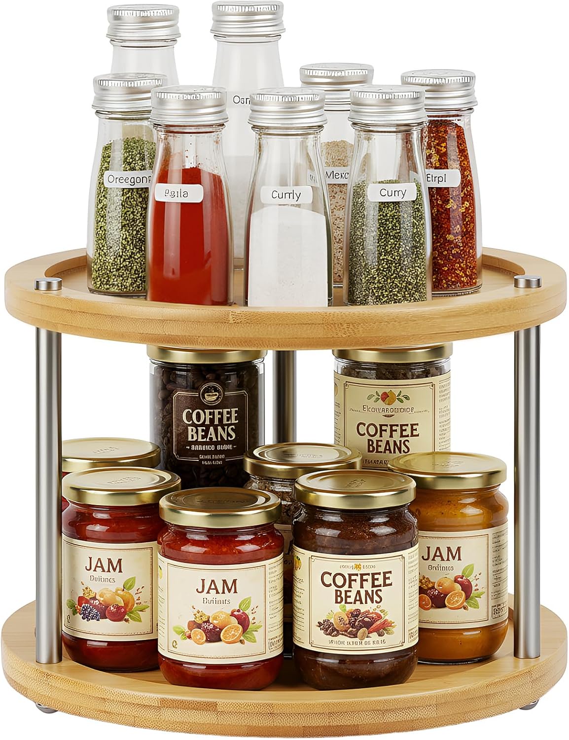 2 Tier Lazy Susan Organizer,Revolving Spice Rack,10 inch Wood Lazy Susan Turntable for Cabinet